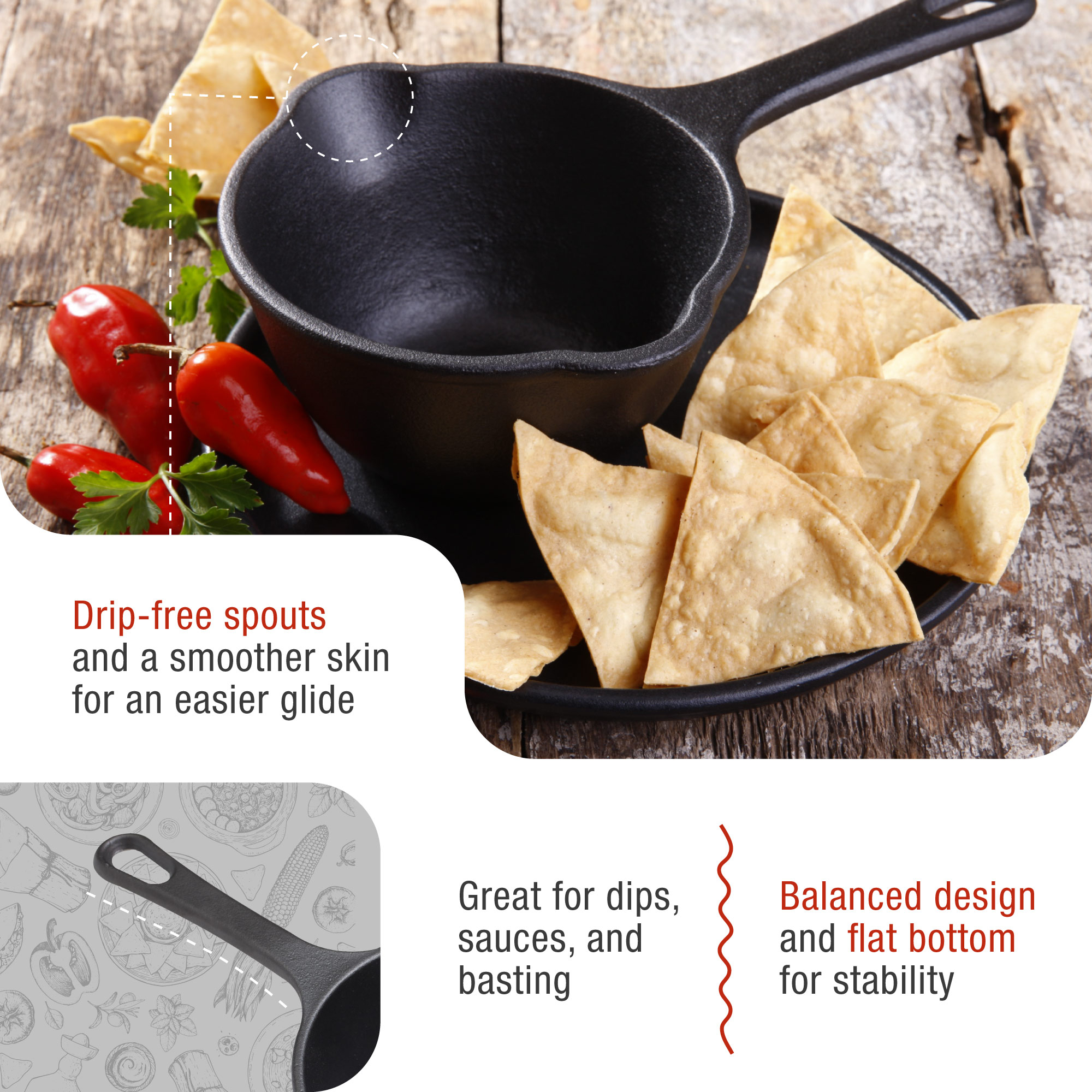 Sartén de hierro fundido negro con papas fritas y pimientos rojos. Cajas de texto blancas resaltan características.