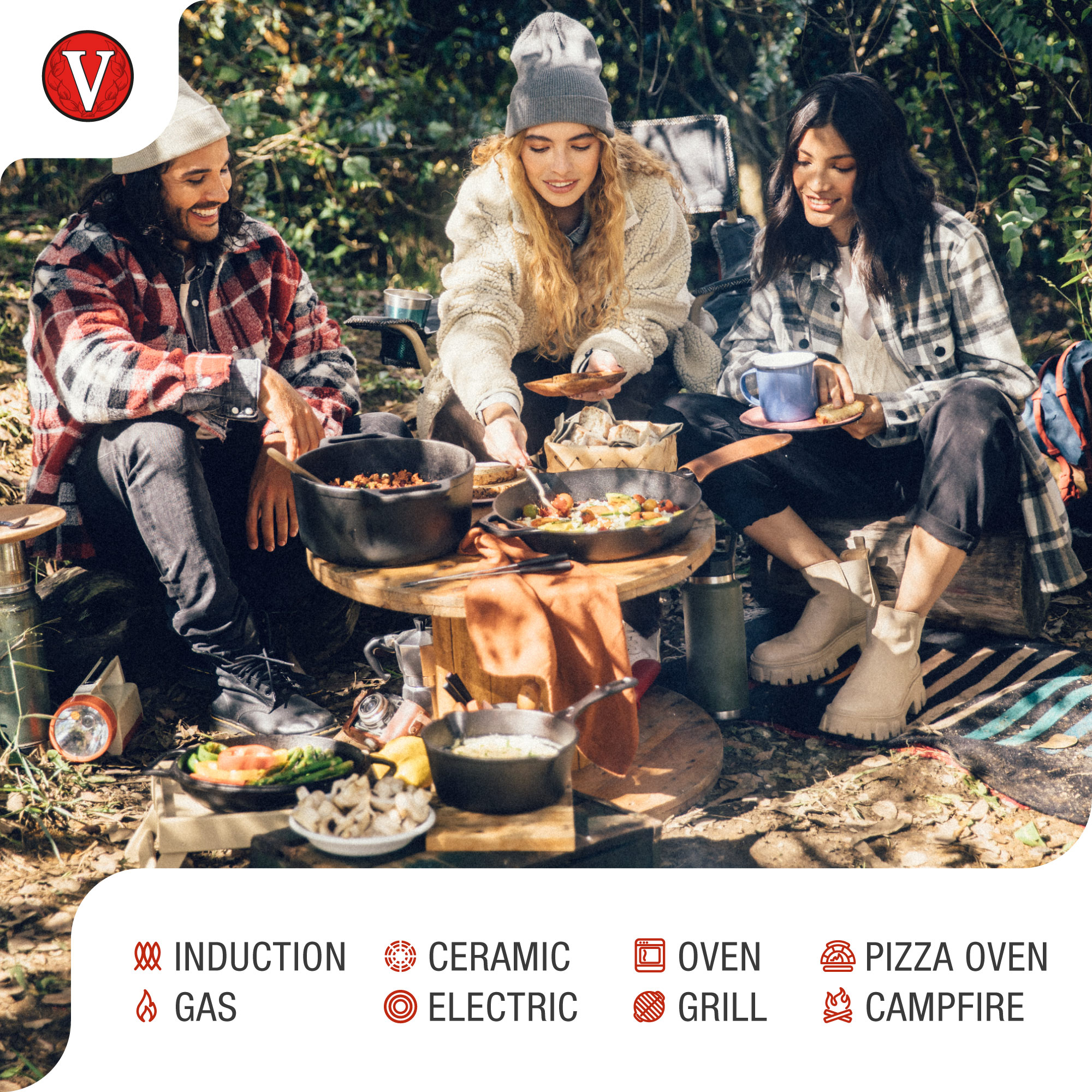Personas alrededor de una mesa en un campamento, cocinando y comiendo. Iconos de bosque y comida.