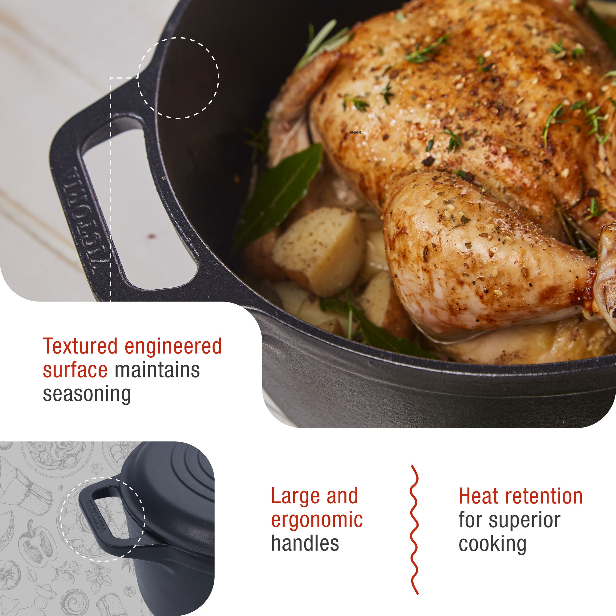 Pollo en una olla negra, con condimentos. El texto dice: "La superficie texturizada mantiene el condimento".