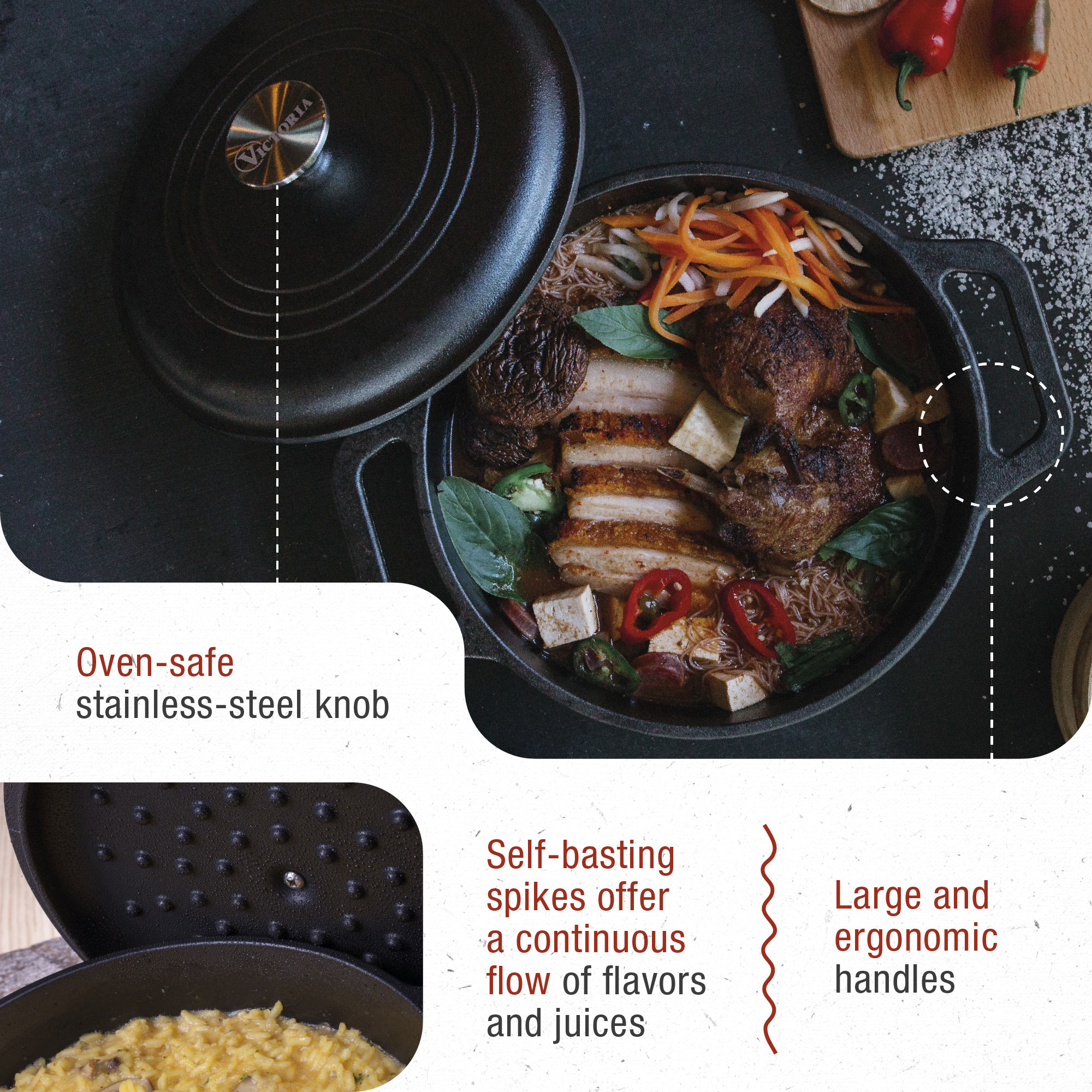 Olla de hierro fundido negro con tapa. En el interior, un plato colorido con carne y verduras.