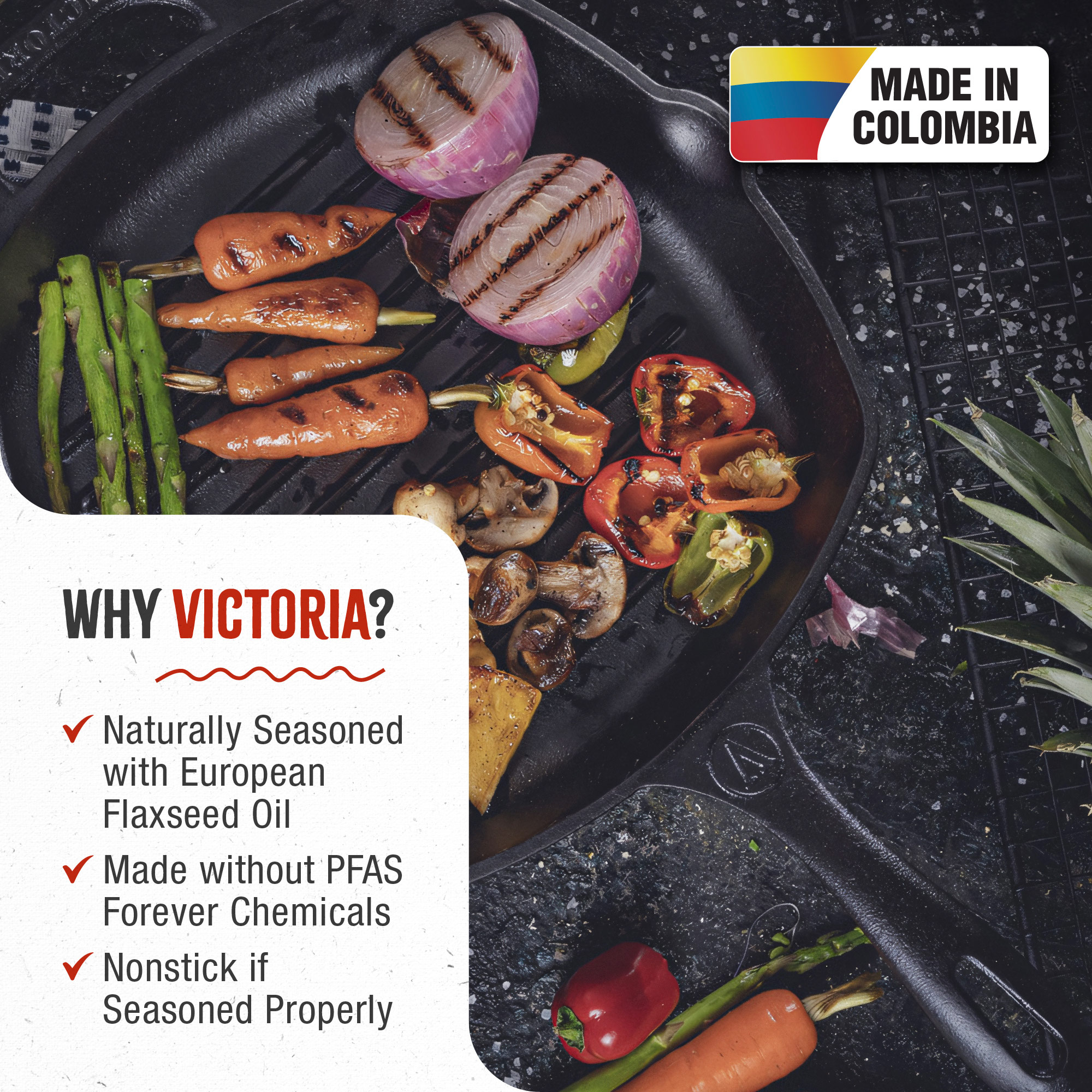 Verduras a la parrilla en una sartén negra, con texto y una bandera que dice 'Made in Colombia'.