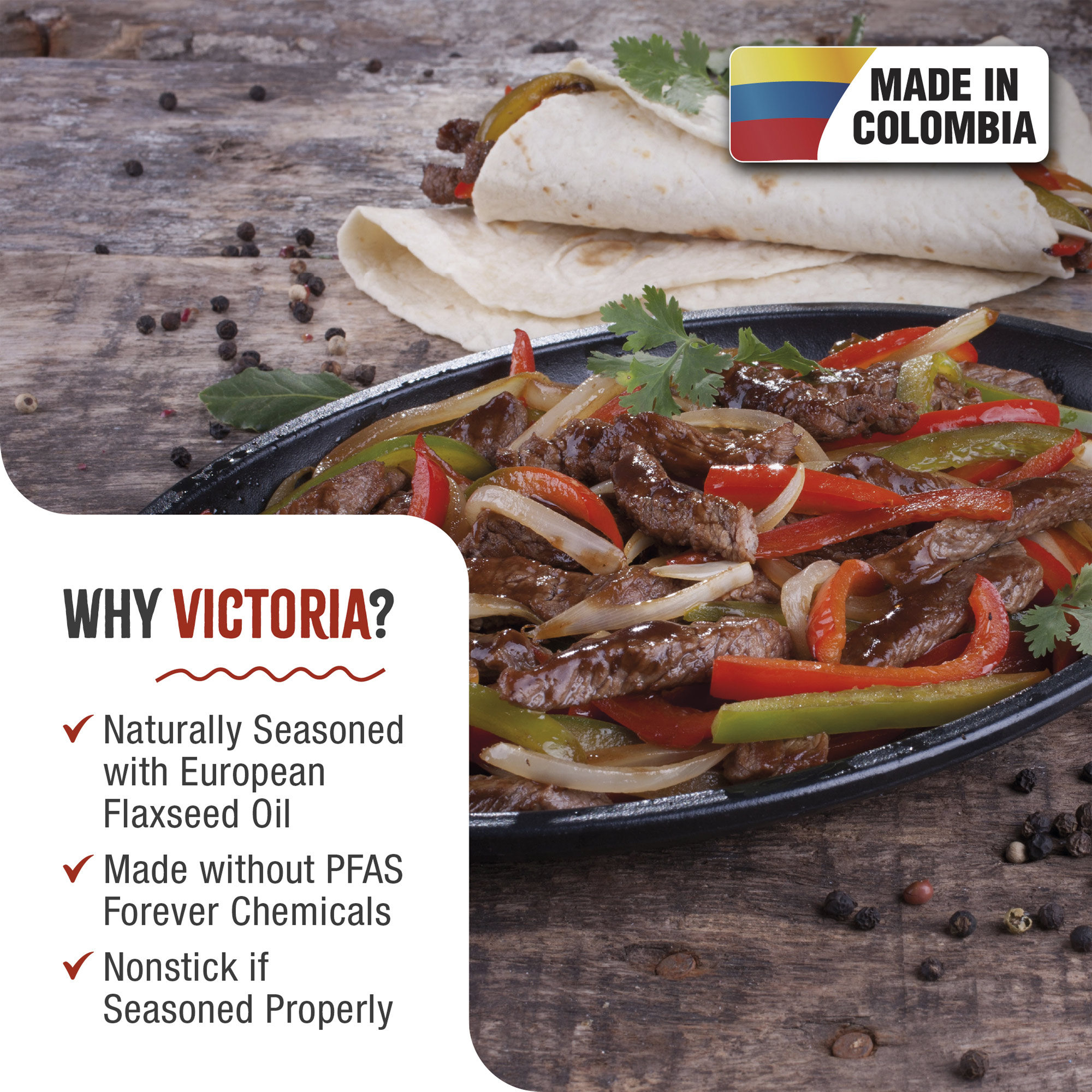 Fajitas de bistec chisporroteantes con texto: ¿Por qué Victoria?, Hecho en Colombia.
