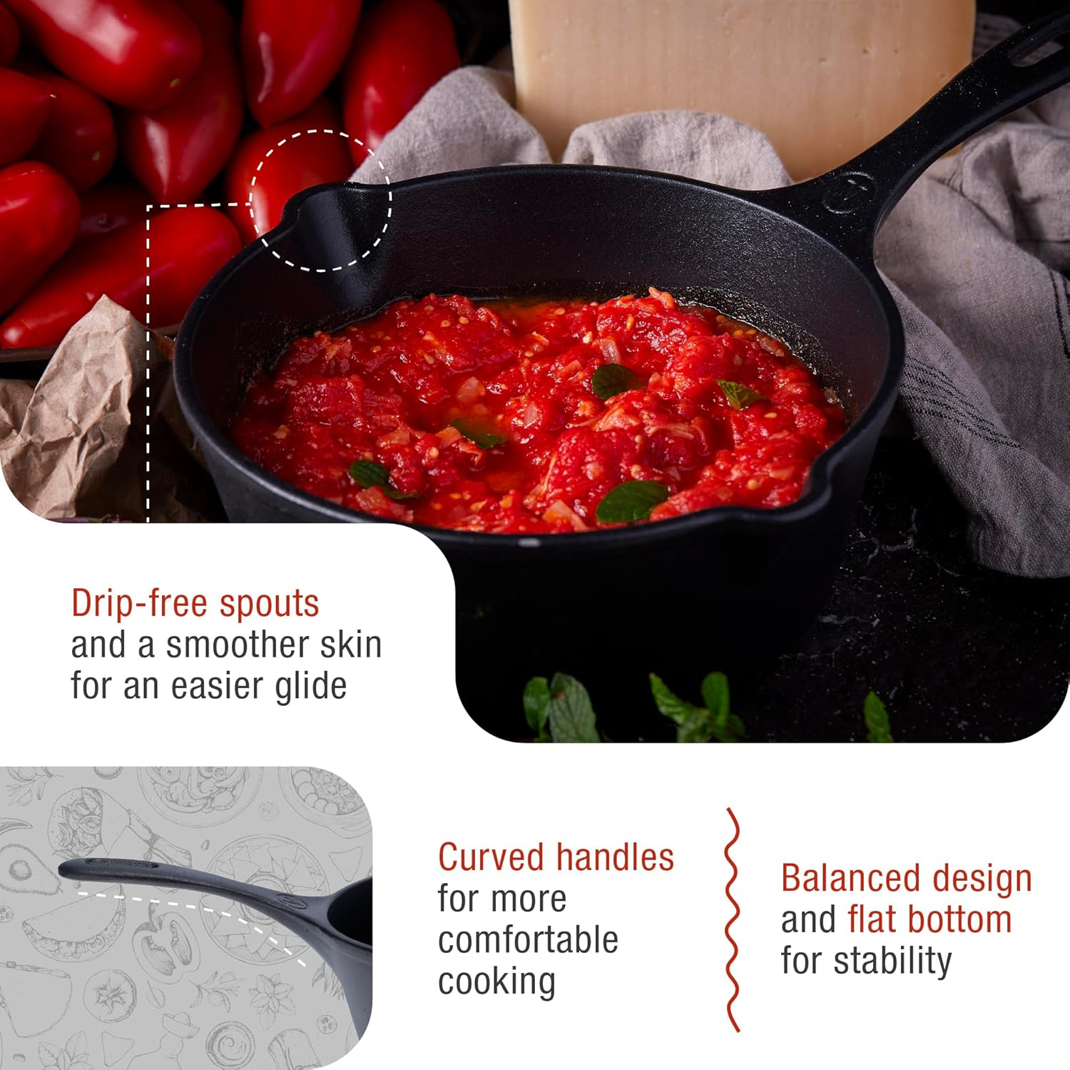 Una sartén negra de hierro fundido con salsa roja y texto que describe características.