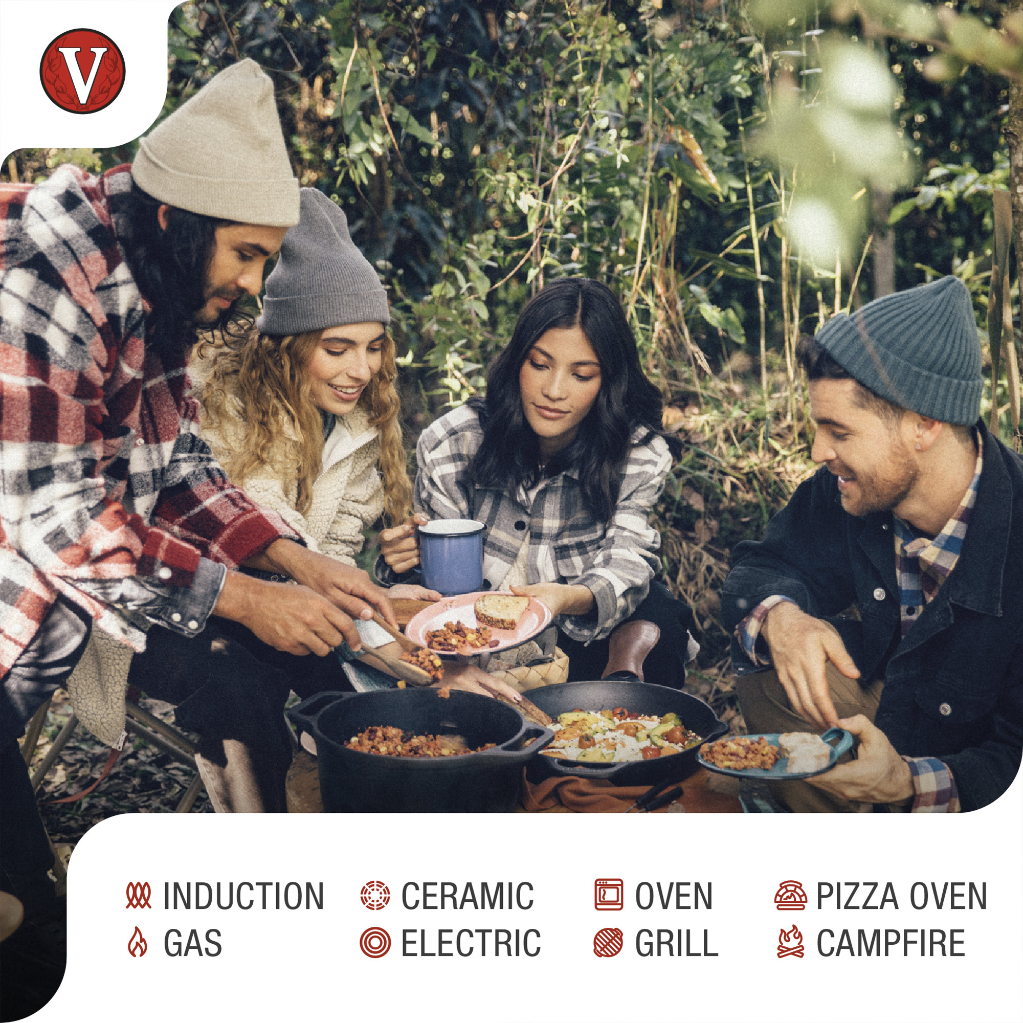 Cuatro personas cocinando y comiendo al aire libre. Gráficos muestran inducción, horno, fogata, etc.