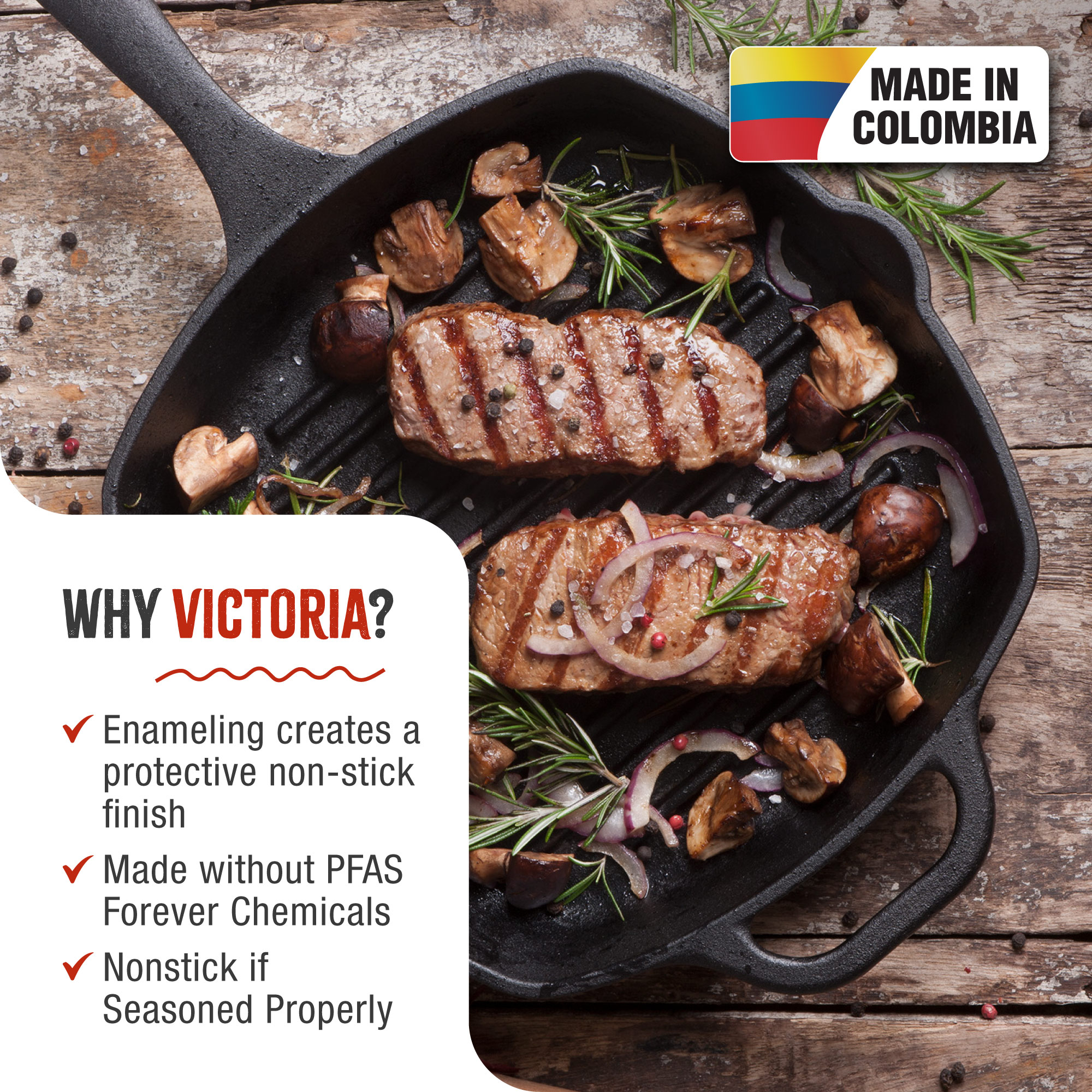 Sartén de hierro fundido con bistec a la parrilla y champiñones. Texto: Hecho en Colombia. ¿Por qué Victoria?