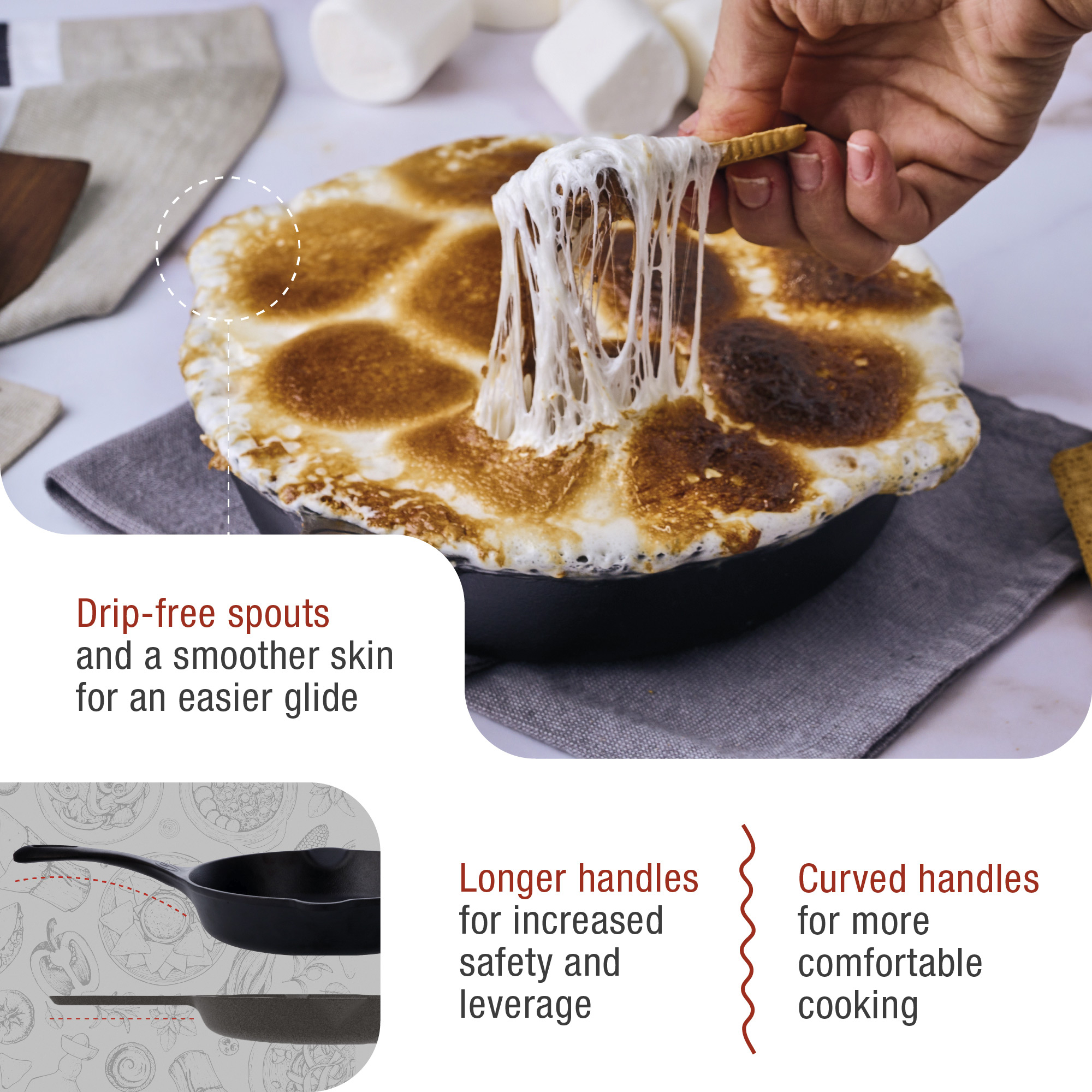 S'mores-Dessert wird zubereitet. Schmelzende Marshmallows auf einem Dessert.
