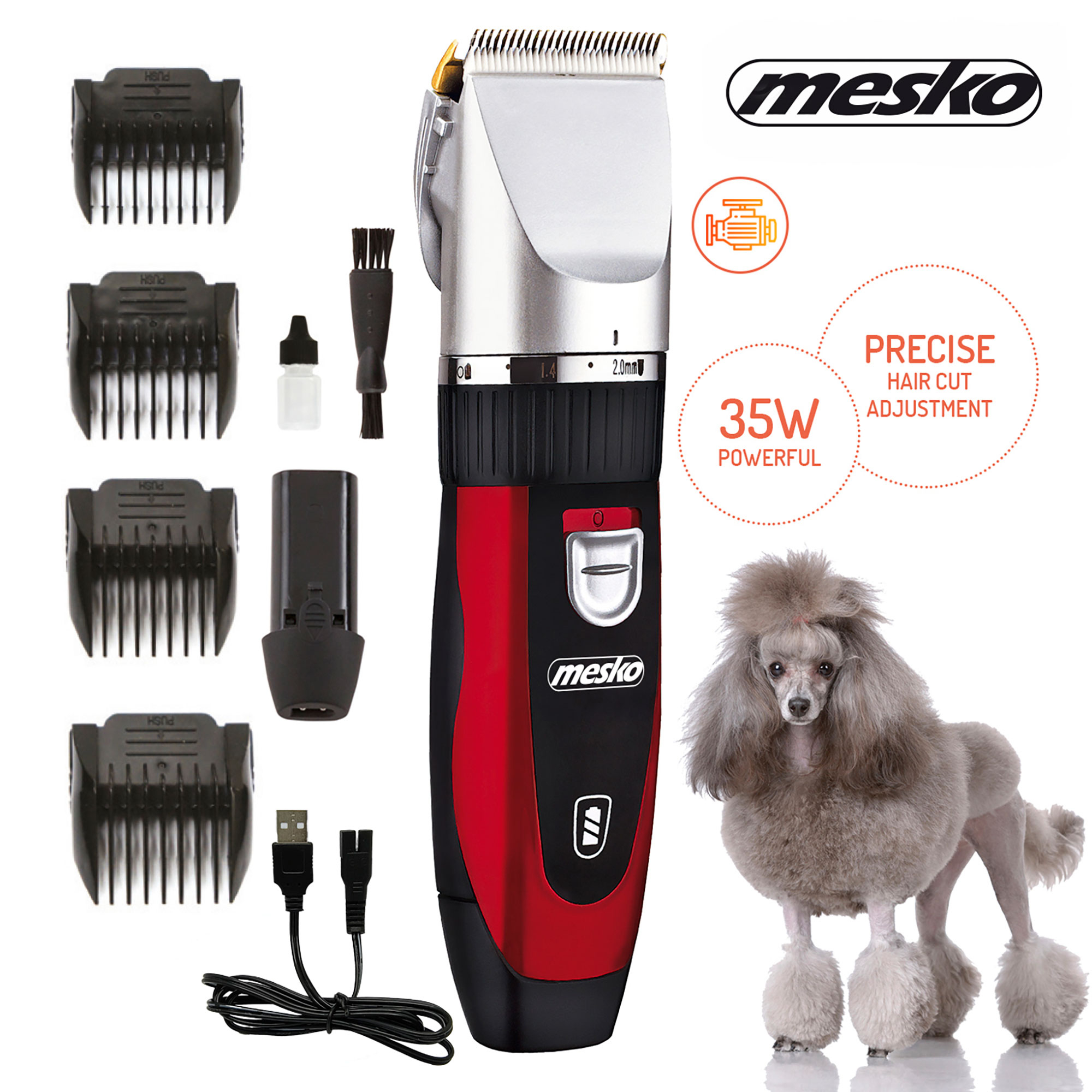 Una cortadora de pelo roja y negra con accesorios, un cepillo, aceite y un caniche. El logo de mesko está presente.