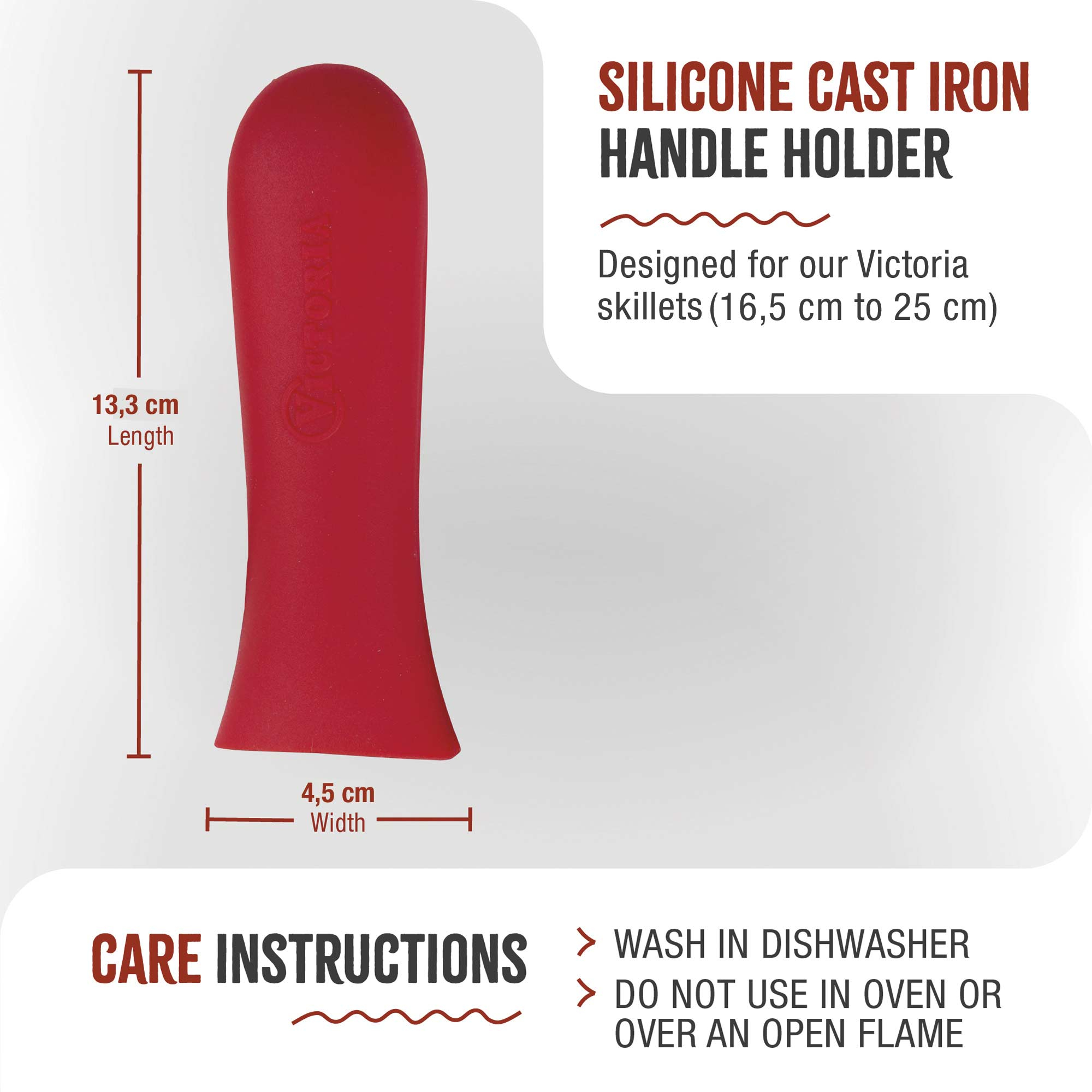 Soporte de mango de silicona roja para hierro fundido con dimensiones e instrucciones de cuidado. Fondo blanco.