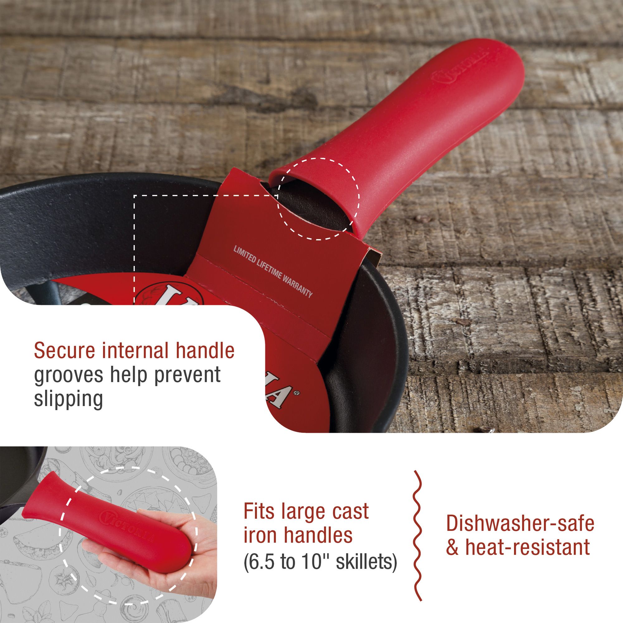 Protector de mango de silicona roja para sartén de hierro fundido. Texto sobre ranuras seguras y apto para lavavajillas.