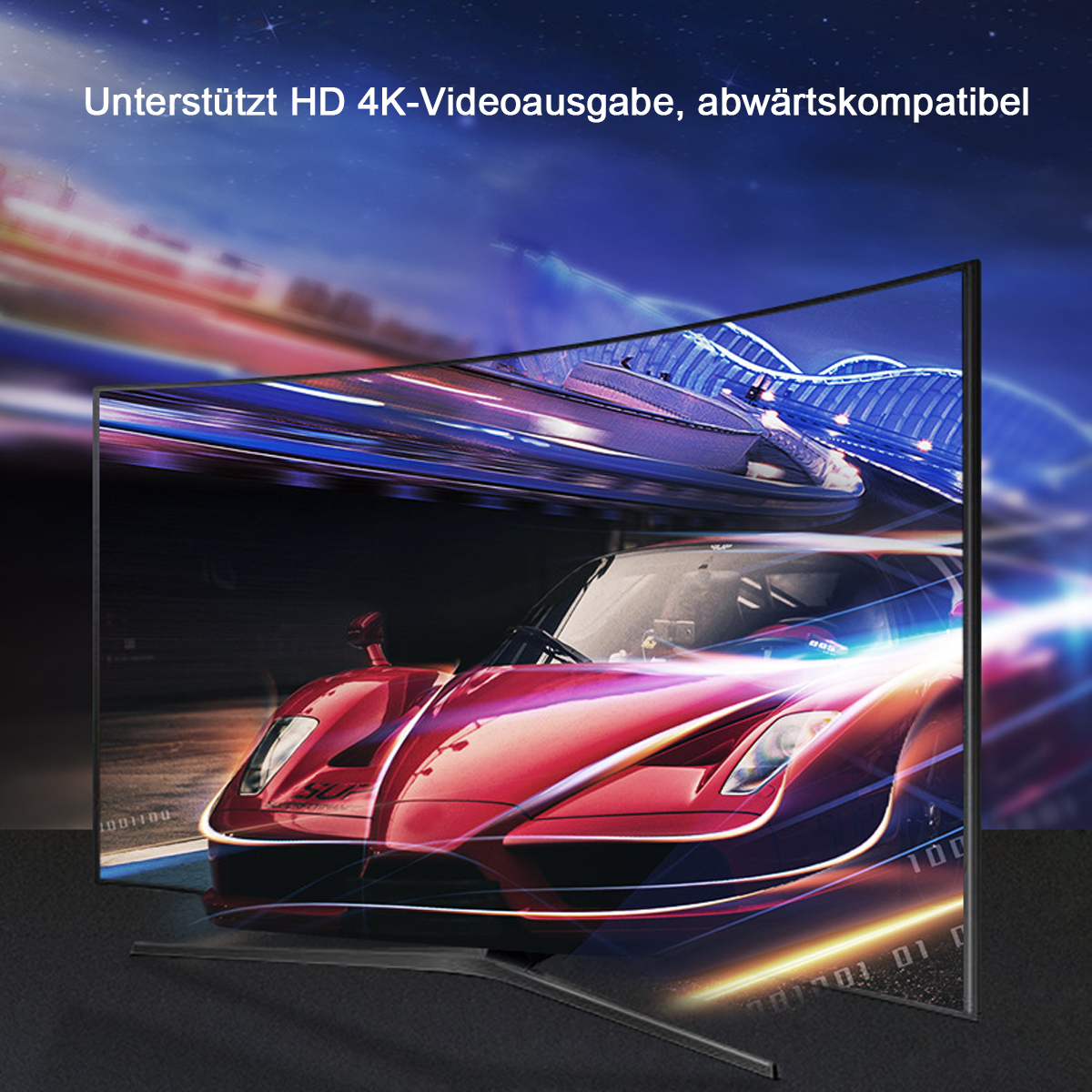 Ein gebogener Fernseher zeigt ein rotes Auto auf einer Rennstrecke. Der Text darüber lautet: 'Unterstützt HD 4K-Videoausgabe'.