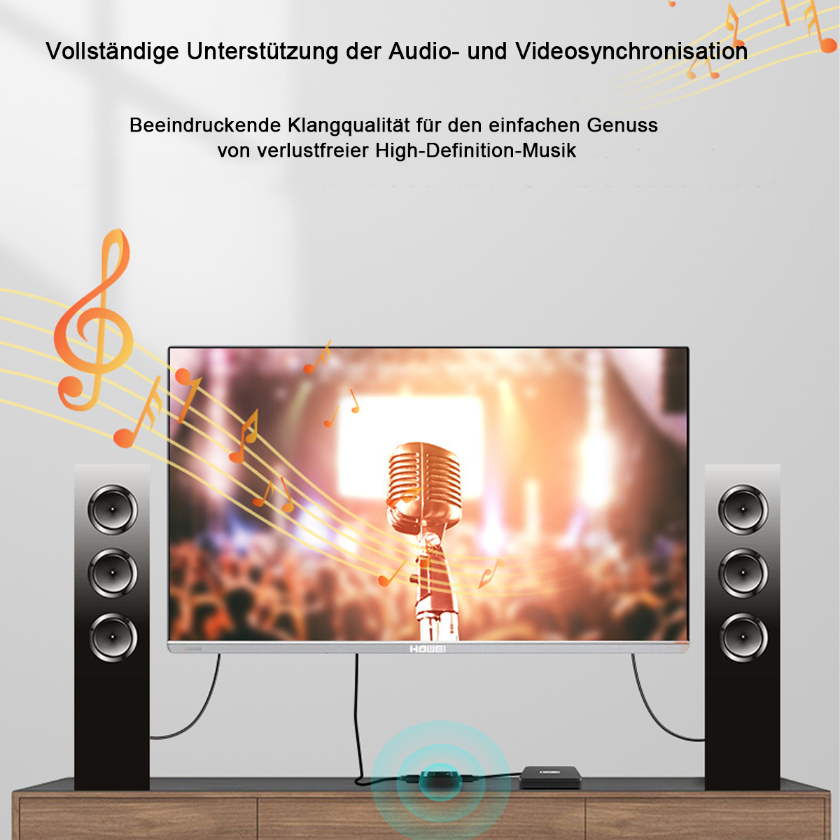 TV-Bildschirm mit Schallwellen, die von Lautsprechern ausgehen, mit einem Mikrofon in der Mitte.