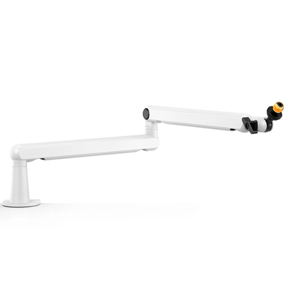 Een witte, gelede arm met een mondstuk, waarschijnlijk voor tandheelkundig of laboratoriumgebruik.