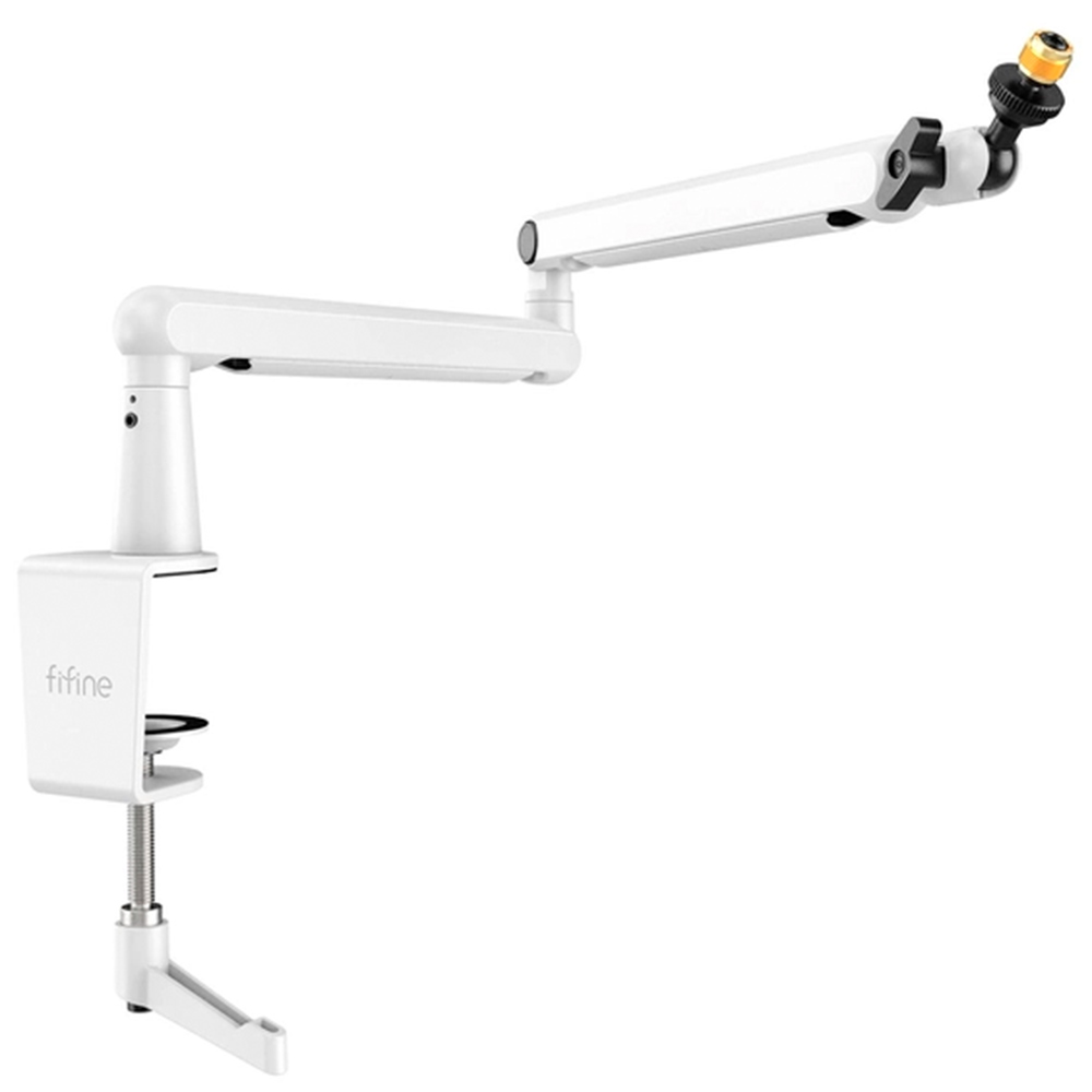 Witte verstelbare arm voor een microfoon, met een klem.