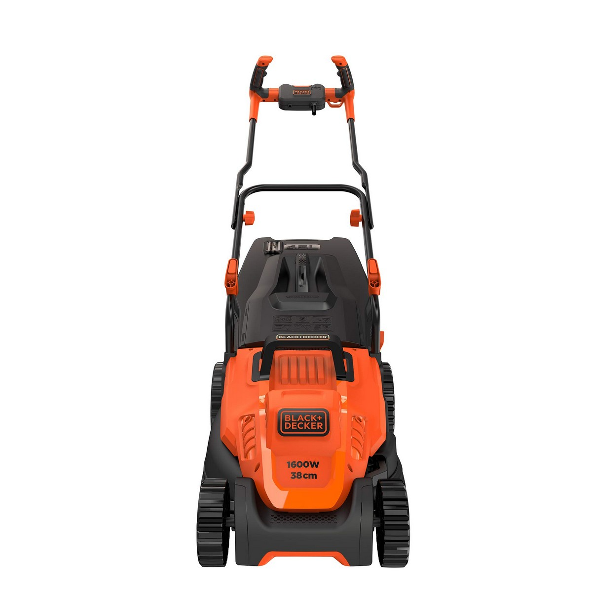 Cortacésped Black+Decker naranja y negro. Manillar arriba, cuchillas y ruedas abajo.