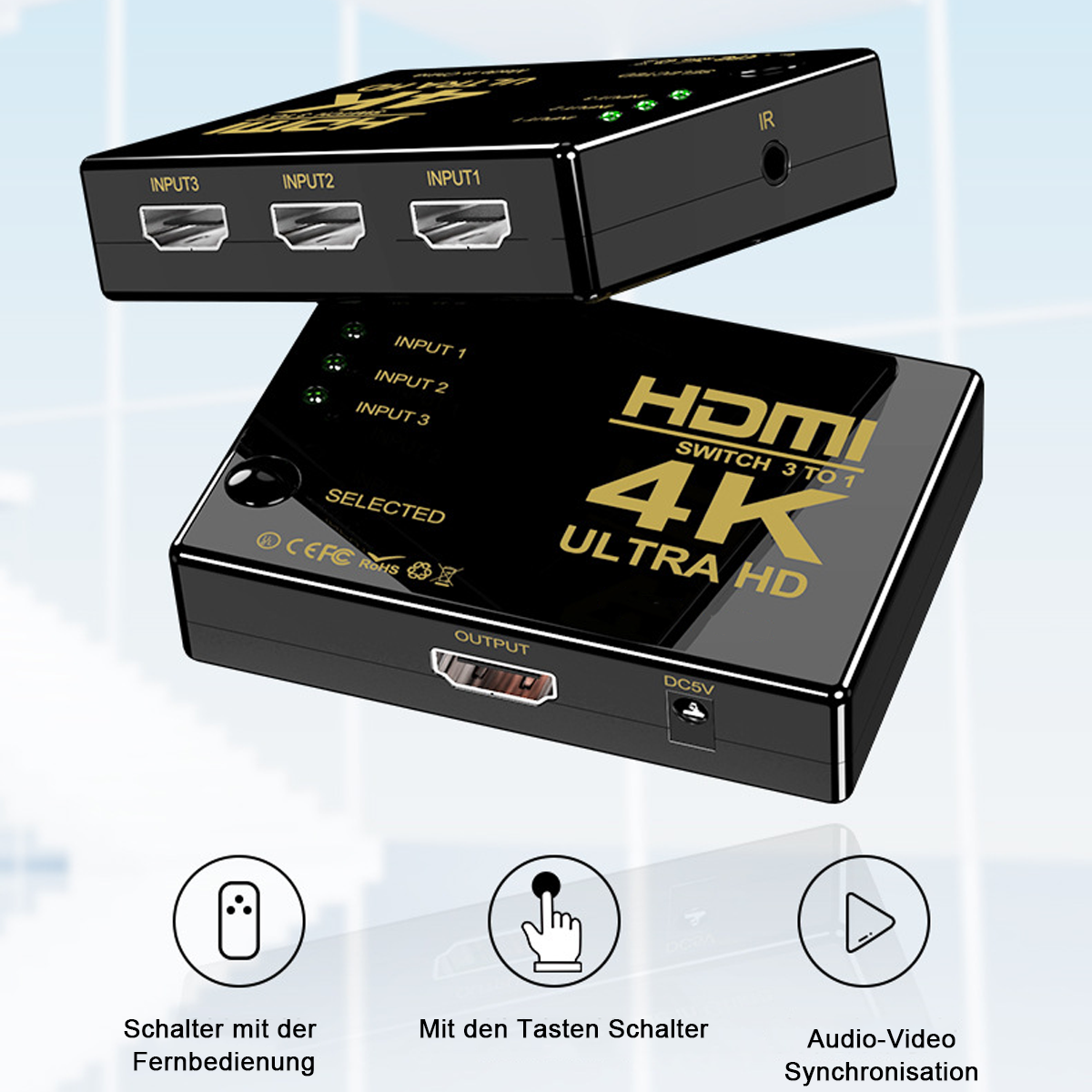 Schwarzer HDMI-Switch mit Ein-/Ausgängen. Symbole für Fernbedienung, Tastenschalter und Audiosync.