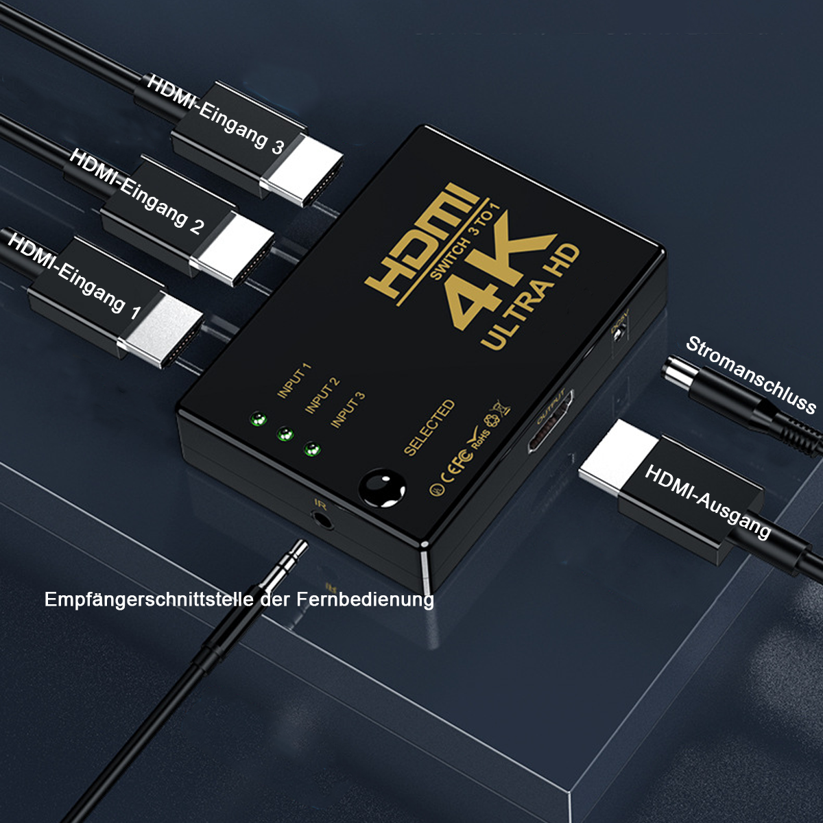 Ein schwarzer HDMI-Switch mit 3 Eingängen, 1 Ausgang und einem Netzkabel.