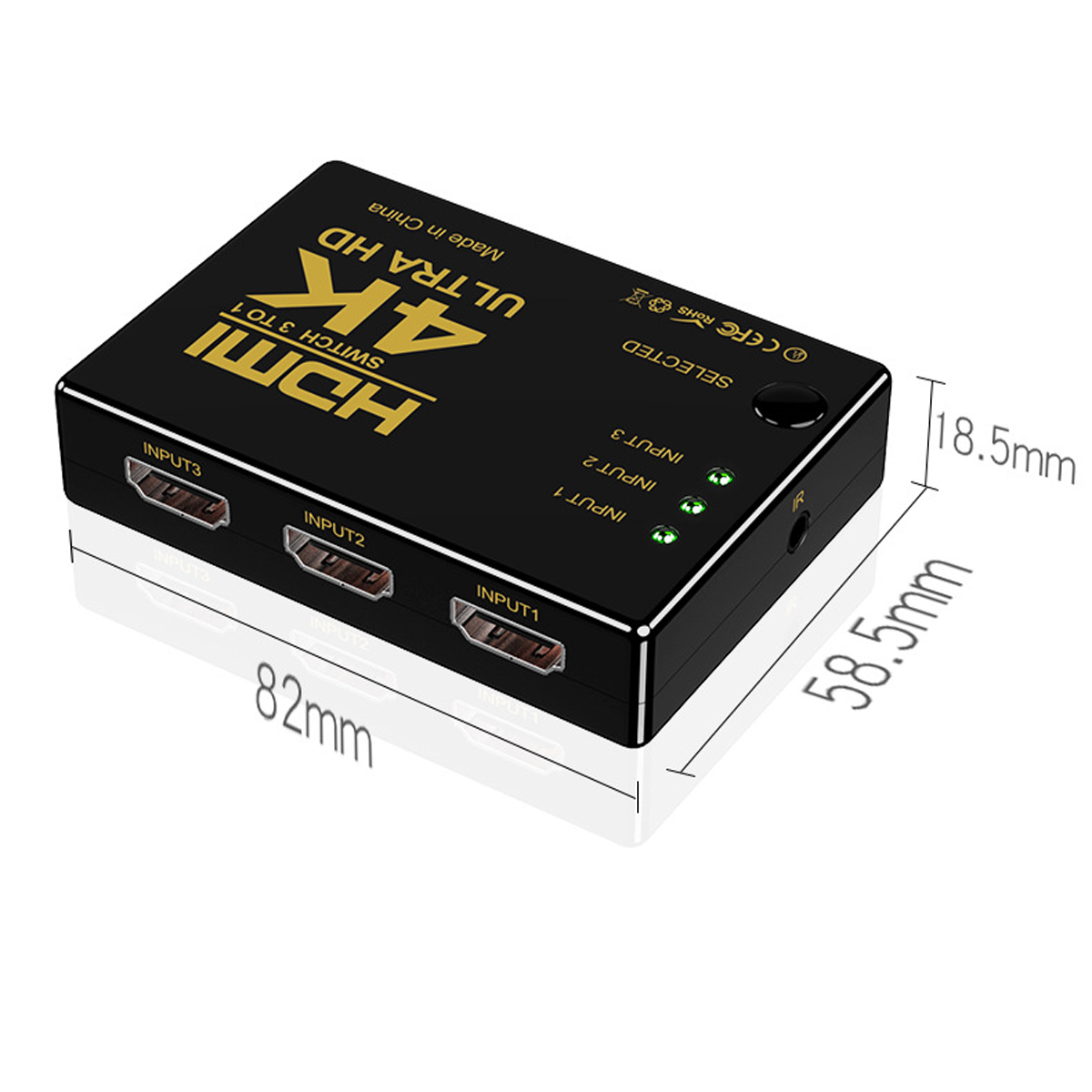 Schwarze HDMI-Switch-Box mit 3 Eingängen, Abmessungen und Textbeschriftungen. Weißer Hintergrund.