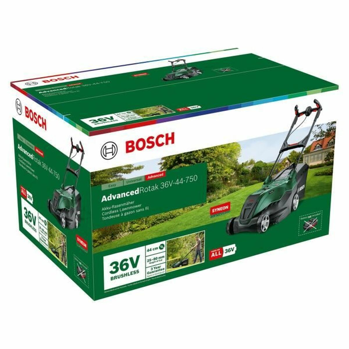 Caja para un cortacésped Bosch. Verde, con imágenes del cortacésped y una persona usándolo.