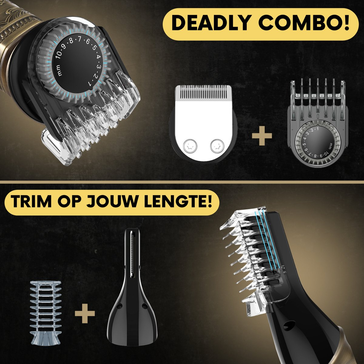 Close-up of a hair clipper with attachments, and text that says 'Deadly Combo!' and 'Trim op jouw lengte!'