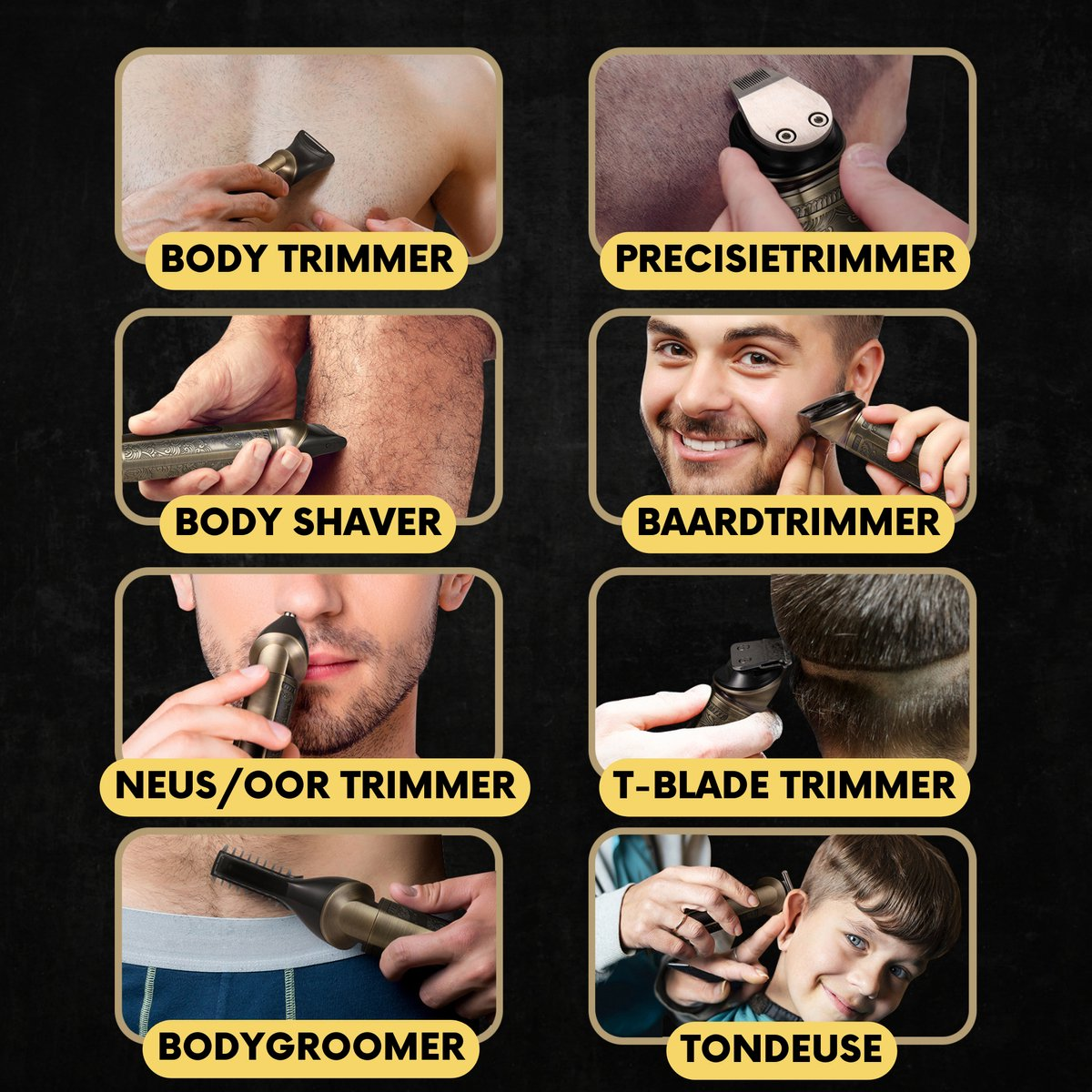 Collage of body grooming tools in use: body trimmer, body shaver, beard trimmer, nose trimmer, etc.