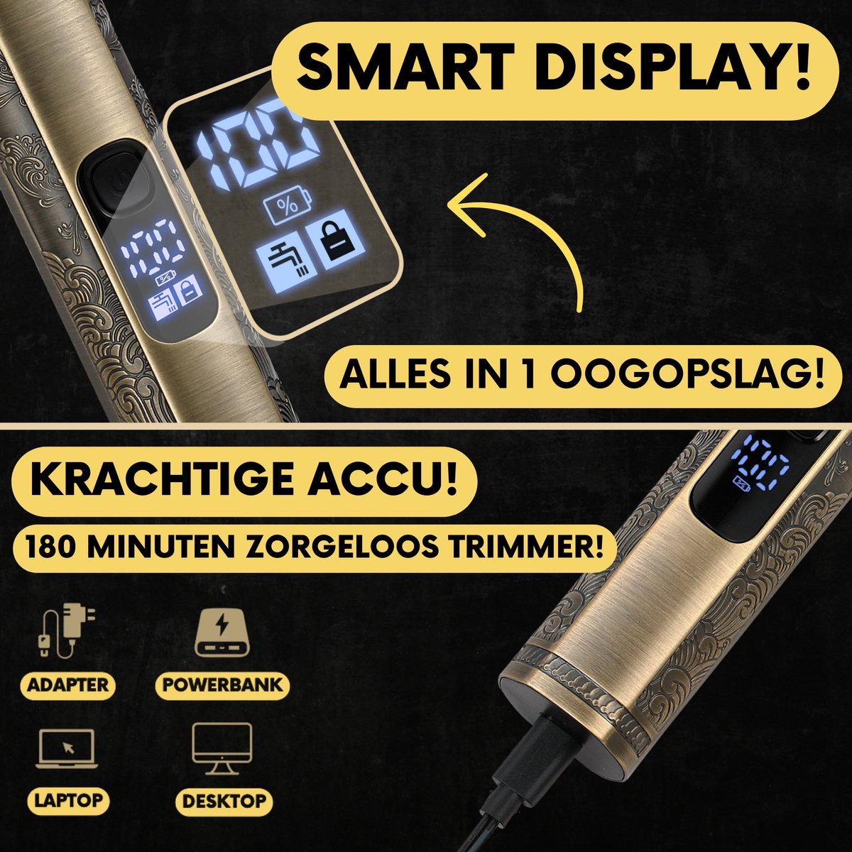 A close-up of a gold trimmer with a smart display, with text and icons, charging accessories are shown.