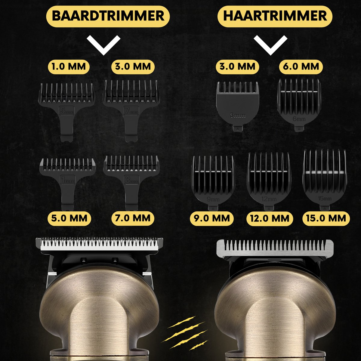 Hair and beard trimmers with various guide combs, showing different lengths.