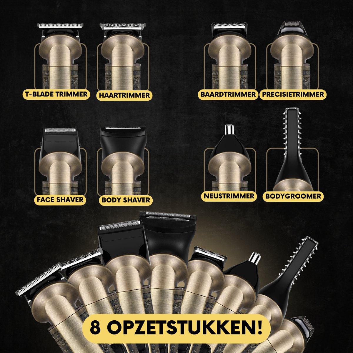 Collection of beard trimmers, hair trimmers and body groomers, with labels.