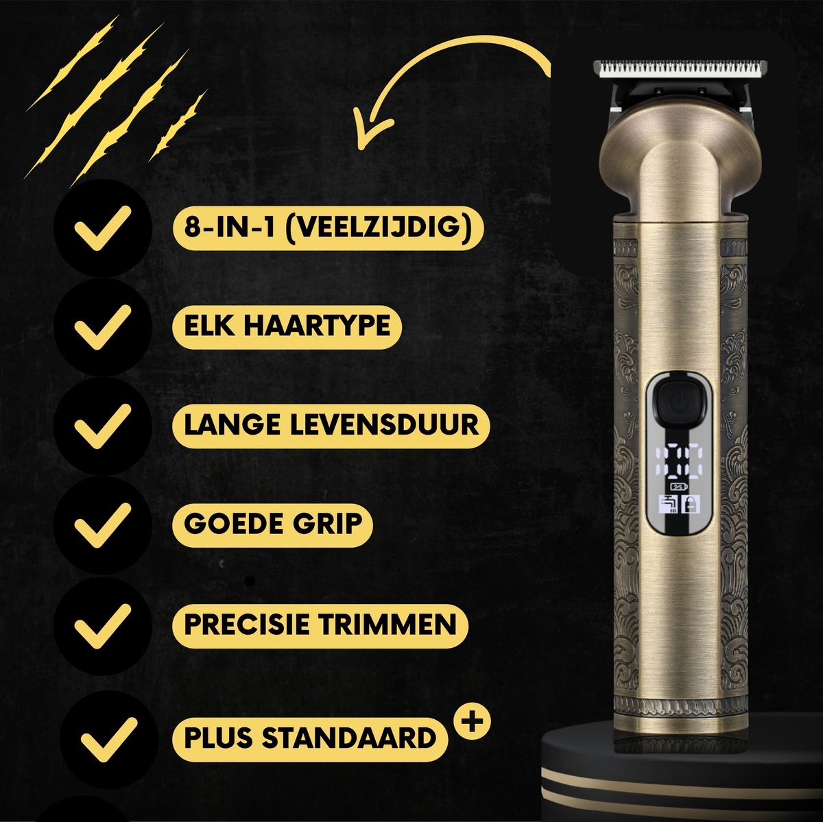 Hair clipper with features, and checkmarks. Text includes '8-in-1' and 'long life'.