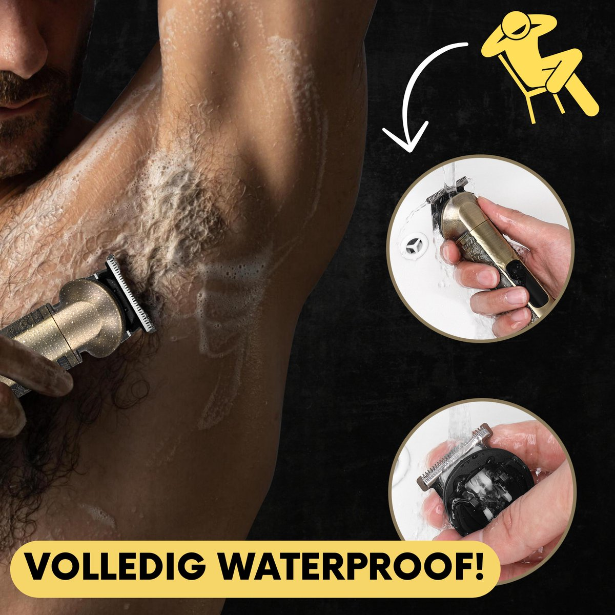 Man shaving his armpit with a trimmer. Close-up of trimmer and armpit.