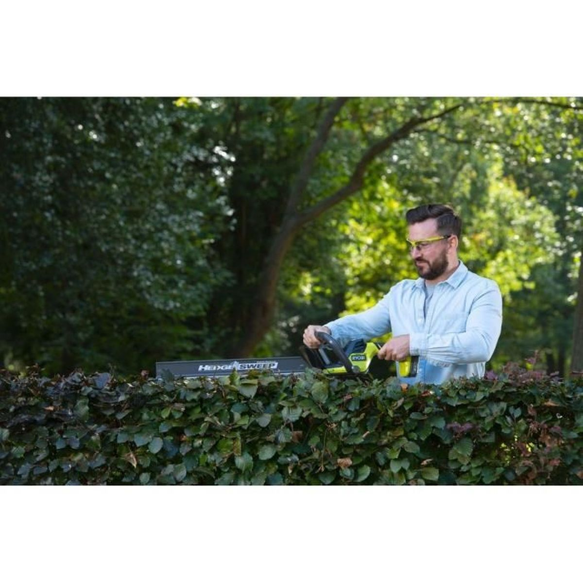 Mann benutzt Heckenschere an Hecke, trägt Schutzbrille, im Garten.