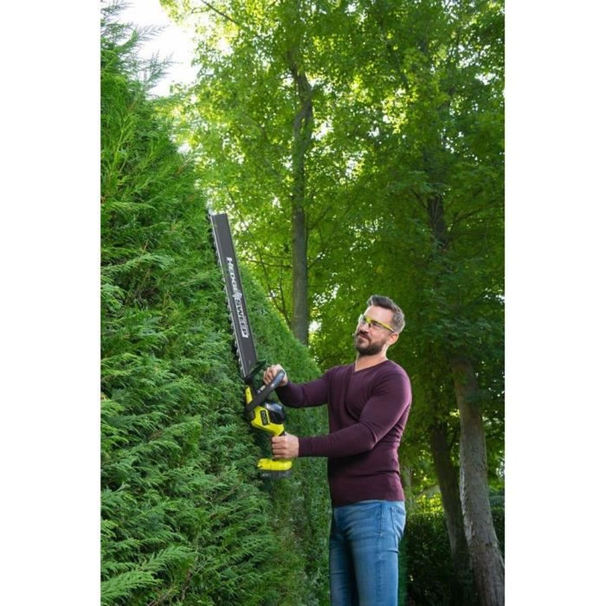 Mann schneidet Hecke mit Heckenschere, Bäume im Hintergrund.