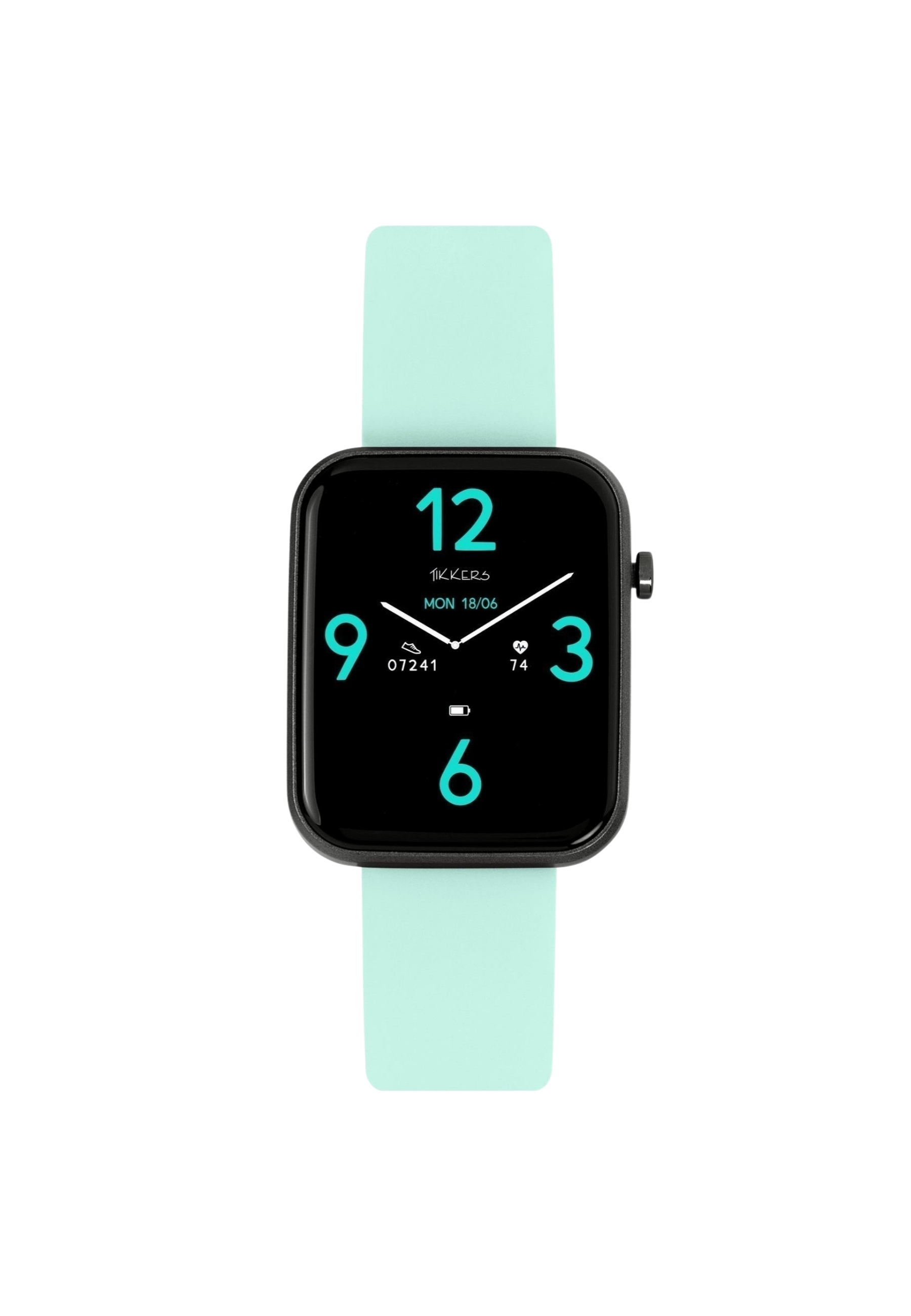 Smartwatch avec un bracelet vert menthe. L'écran affiche l'heure, la date et la fréquence cardiaque.