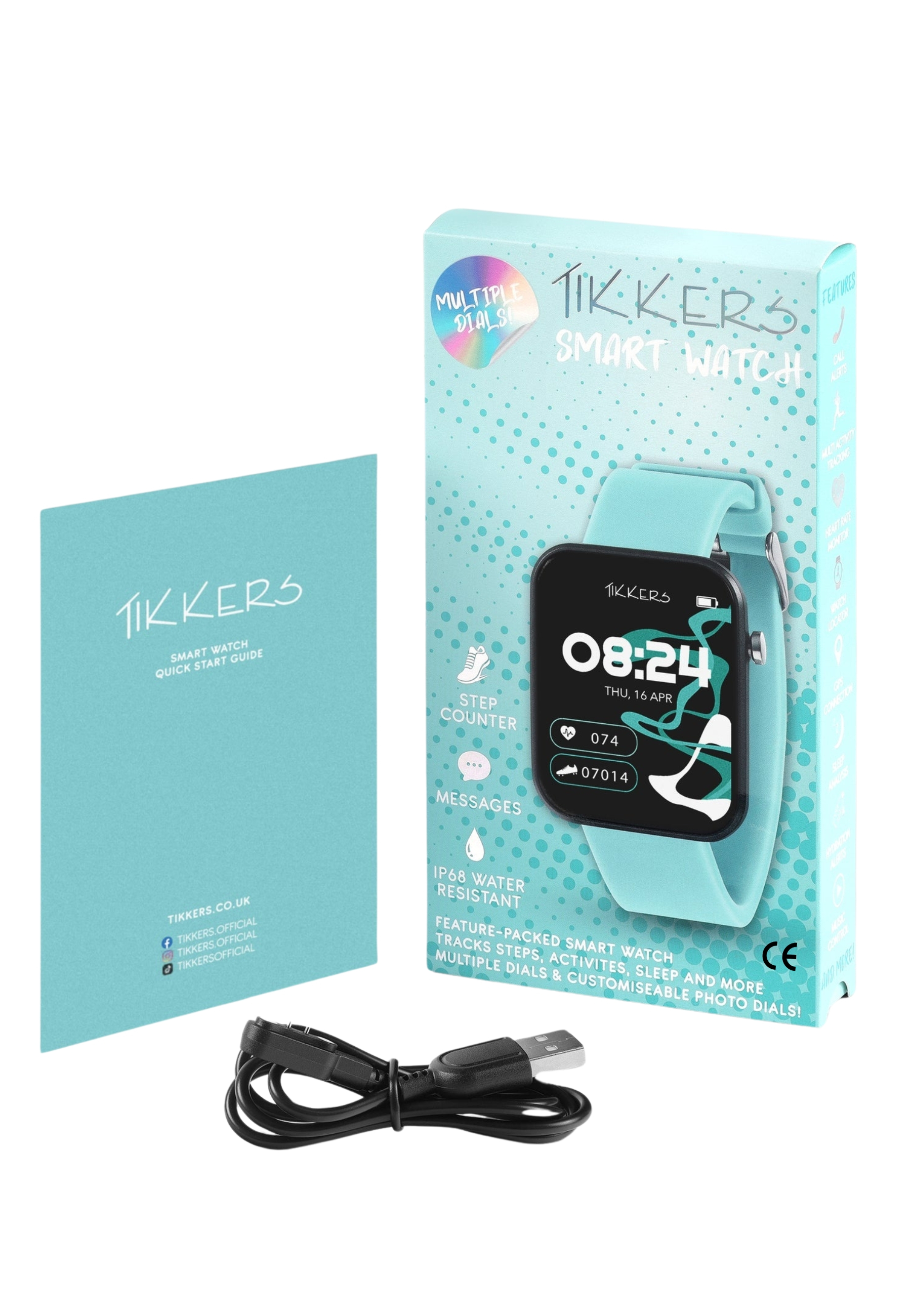 Montre connectée dans une boîte avec chargeur et guide. Montre turquoise, bracelet noir.
