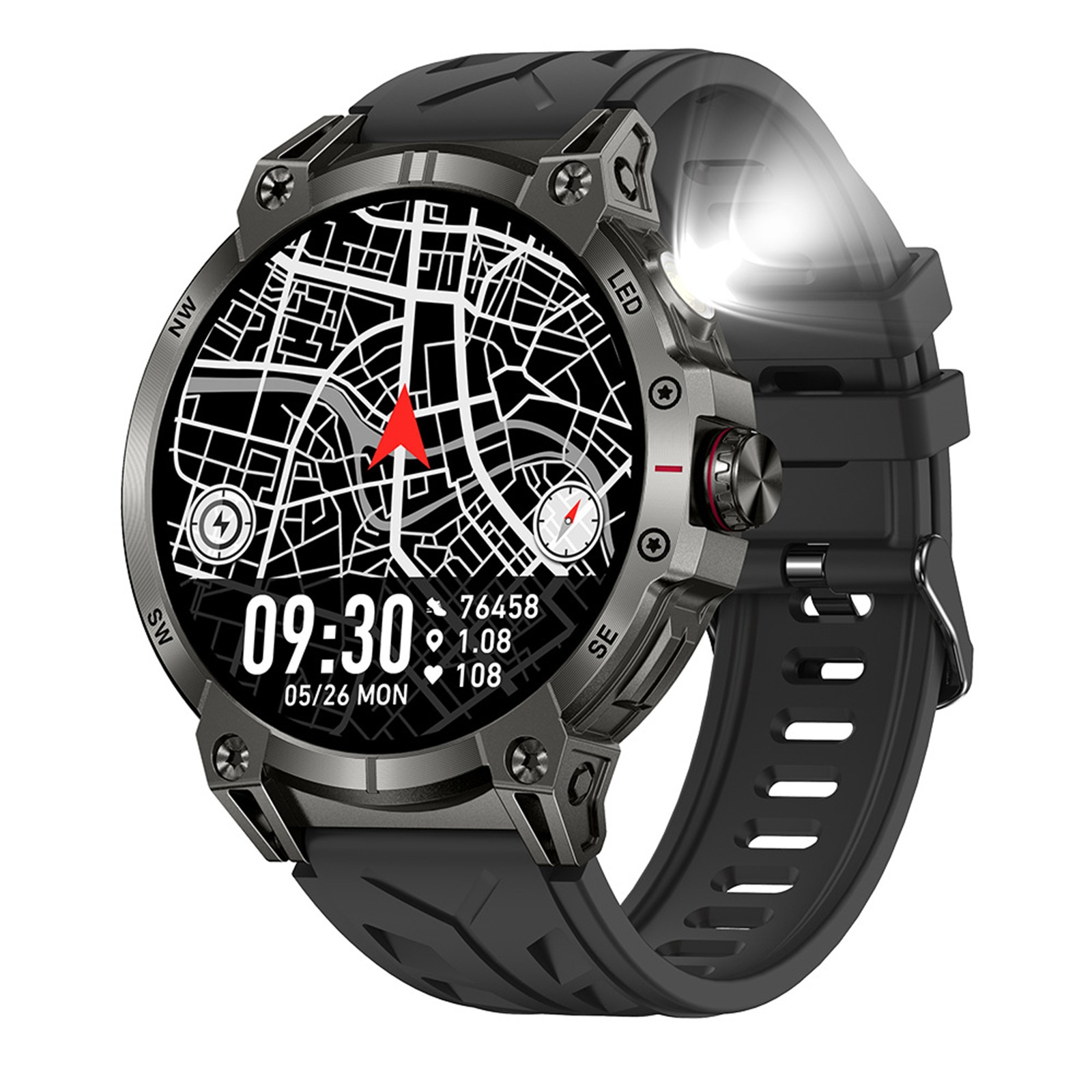 Schwarze Smartwatch mit Kartendarstellung. Zeigt Zeit, Datum und Gesundheitsmetriken an.