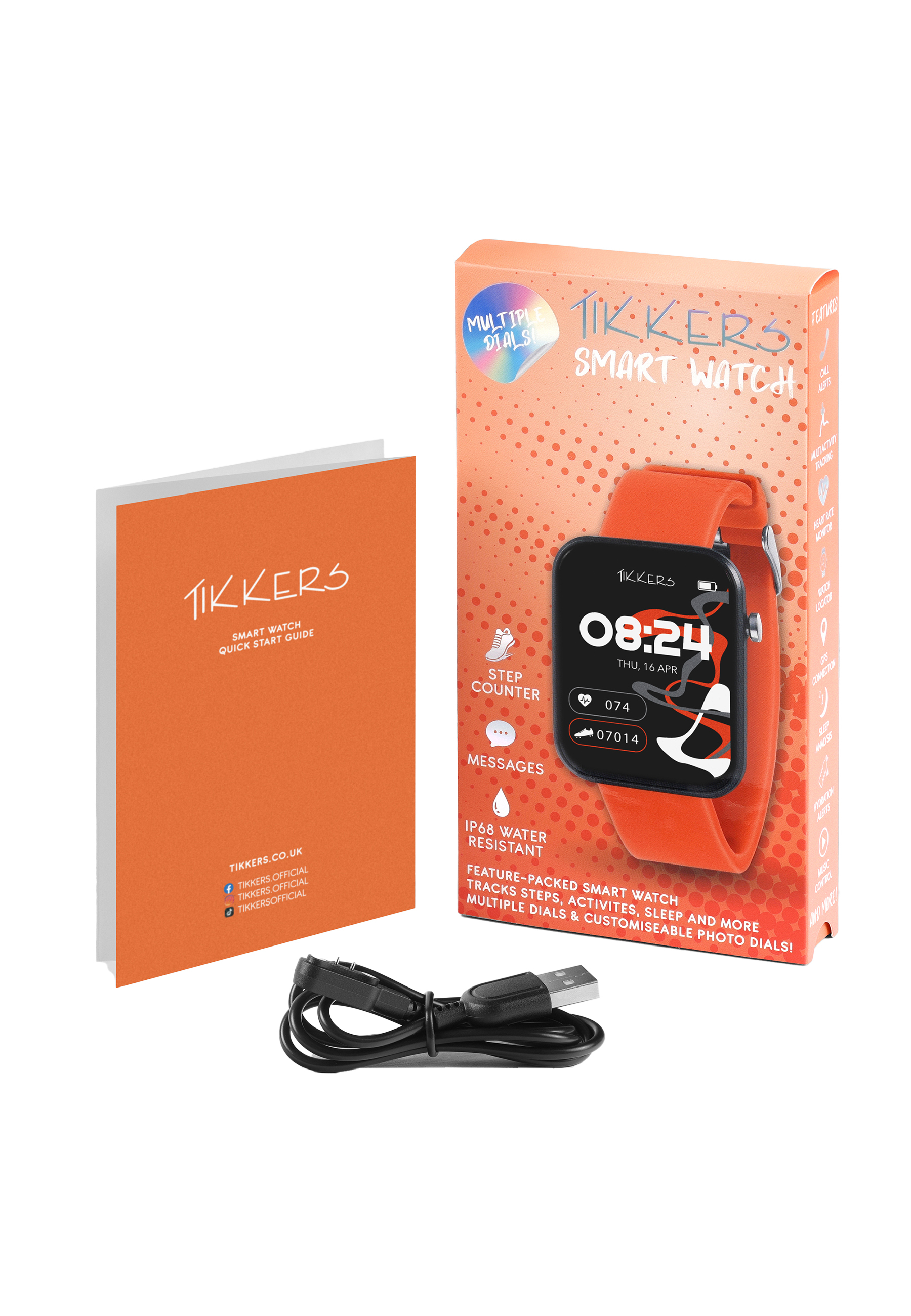 Smartwatch, Bedienungsanleitung und Ladegerät, alles orange. Die Smartwatch hat einen schwarzen Bildschirm.