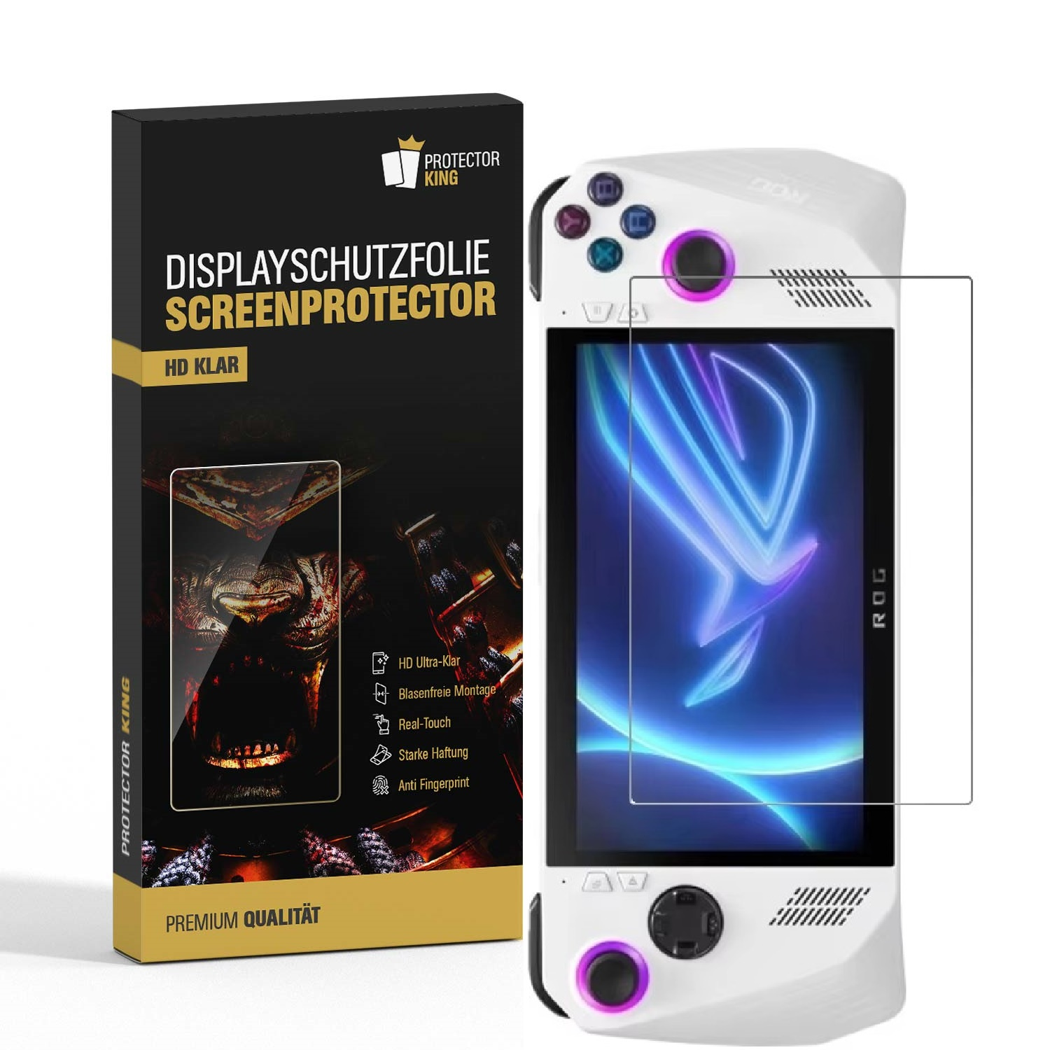 Ein Handheld-Gaming-Gerät neben einer Displayschutzfolien-Box. Die Schutzfolie ist klar.