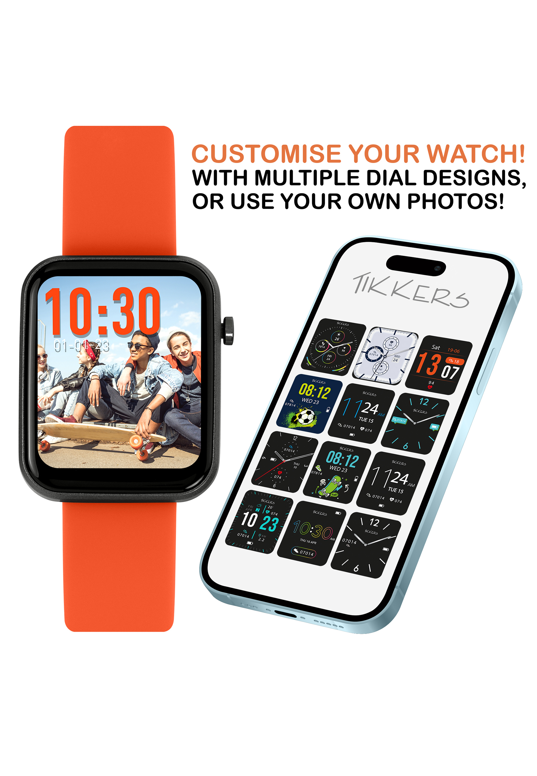 Eine Smartwatch mit orangefarbenem Armband neben einem Telefon, das verschiedene Zifferblätter anzeigt.