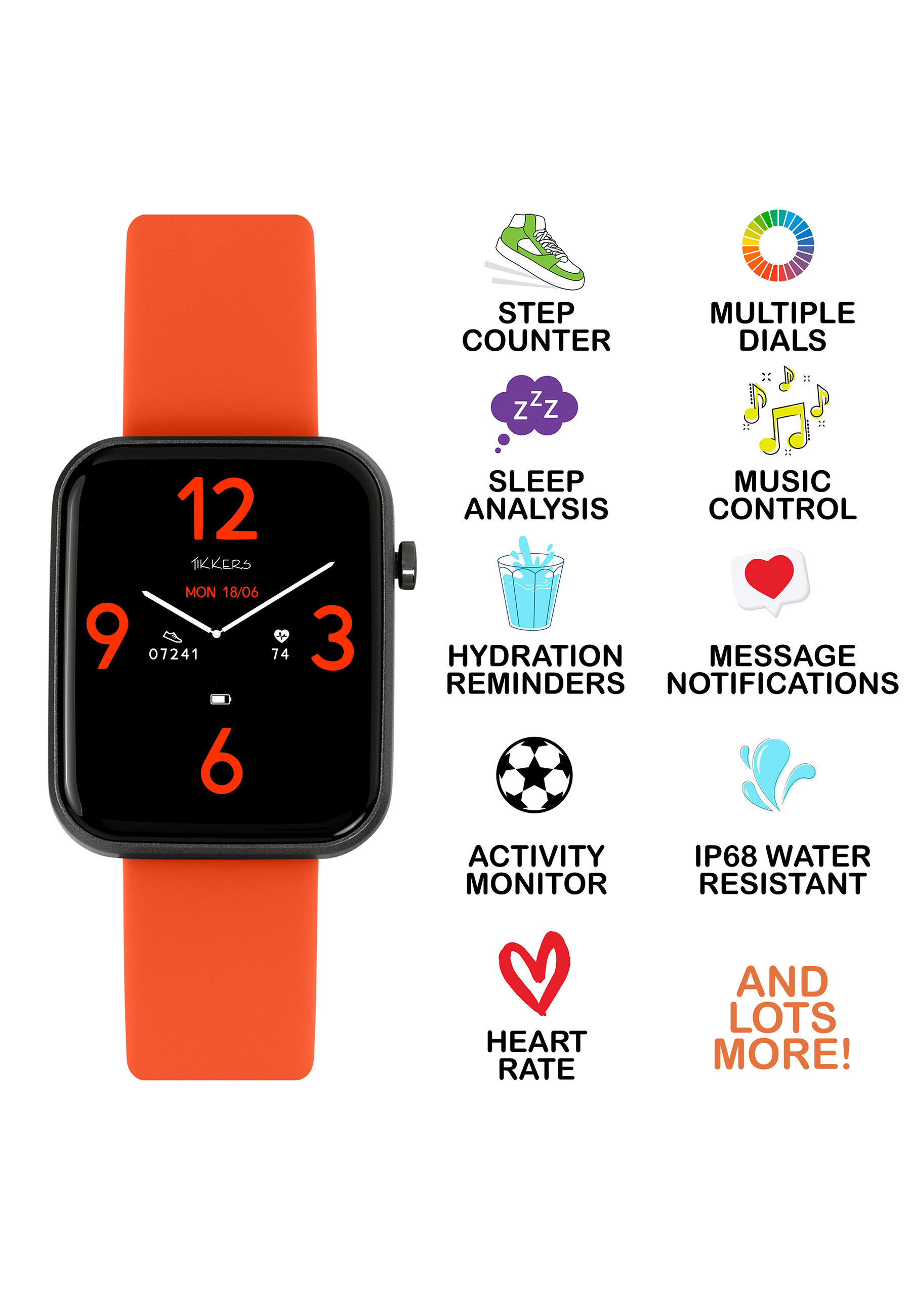 Smartwatch mit orangefarbenem Armband, schwarzem Zifferblatt und Funktionssymbolen.
