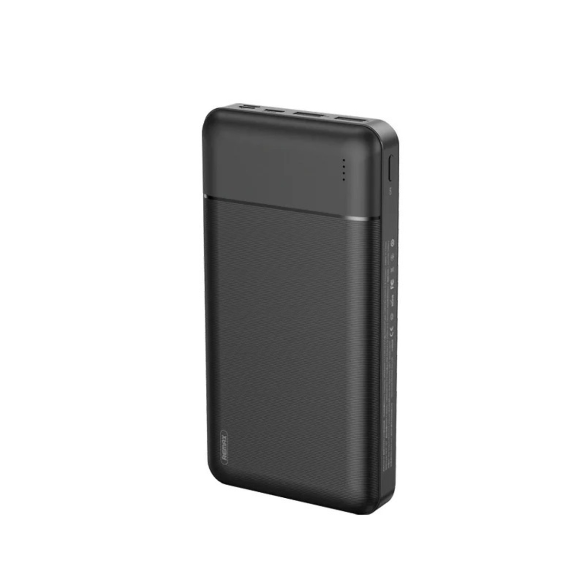 Eine schwarze Powerbank mit glatter Vorderseite und strukturiertem Oberteil mit Kontrollleuchten.