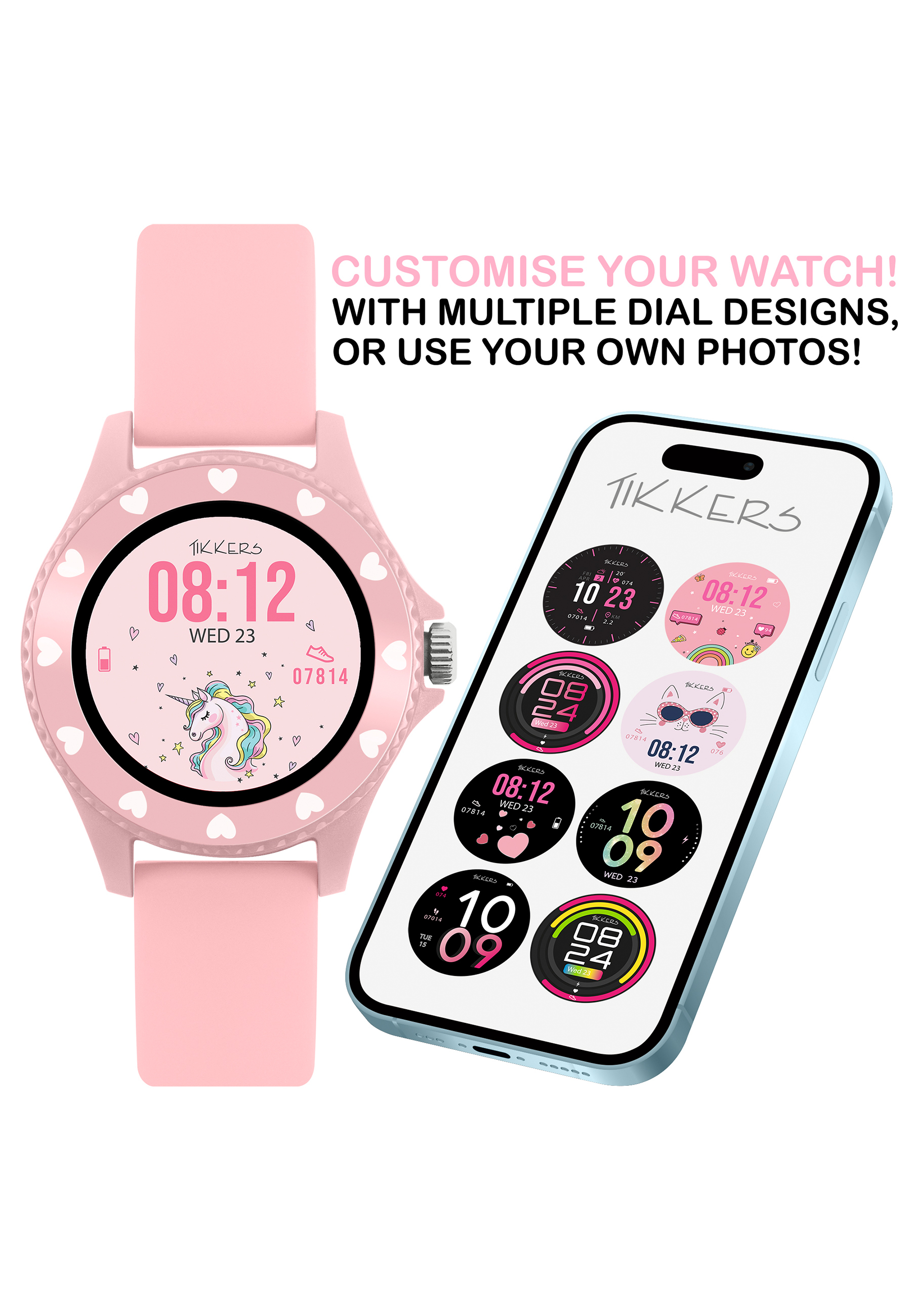 Smartwatch rose avec plusieurs designs de cadran et un smartphone.