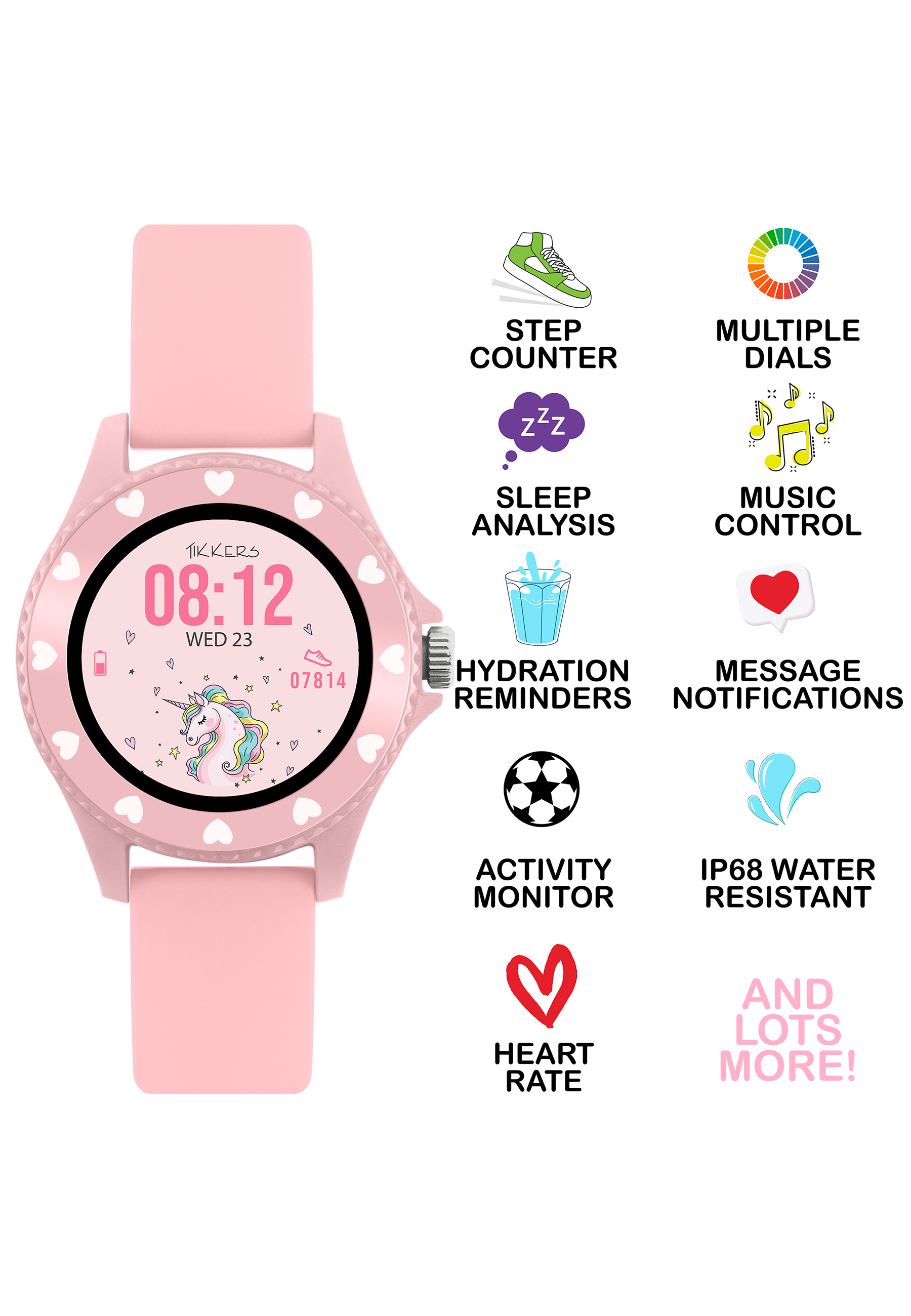 Smartwatch rose avec icônes : compteur de pas, analyse du sommeil, contrôle de la musique, notifications.