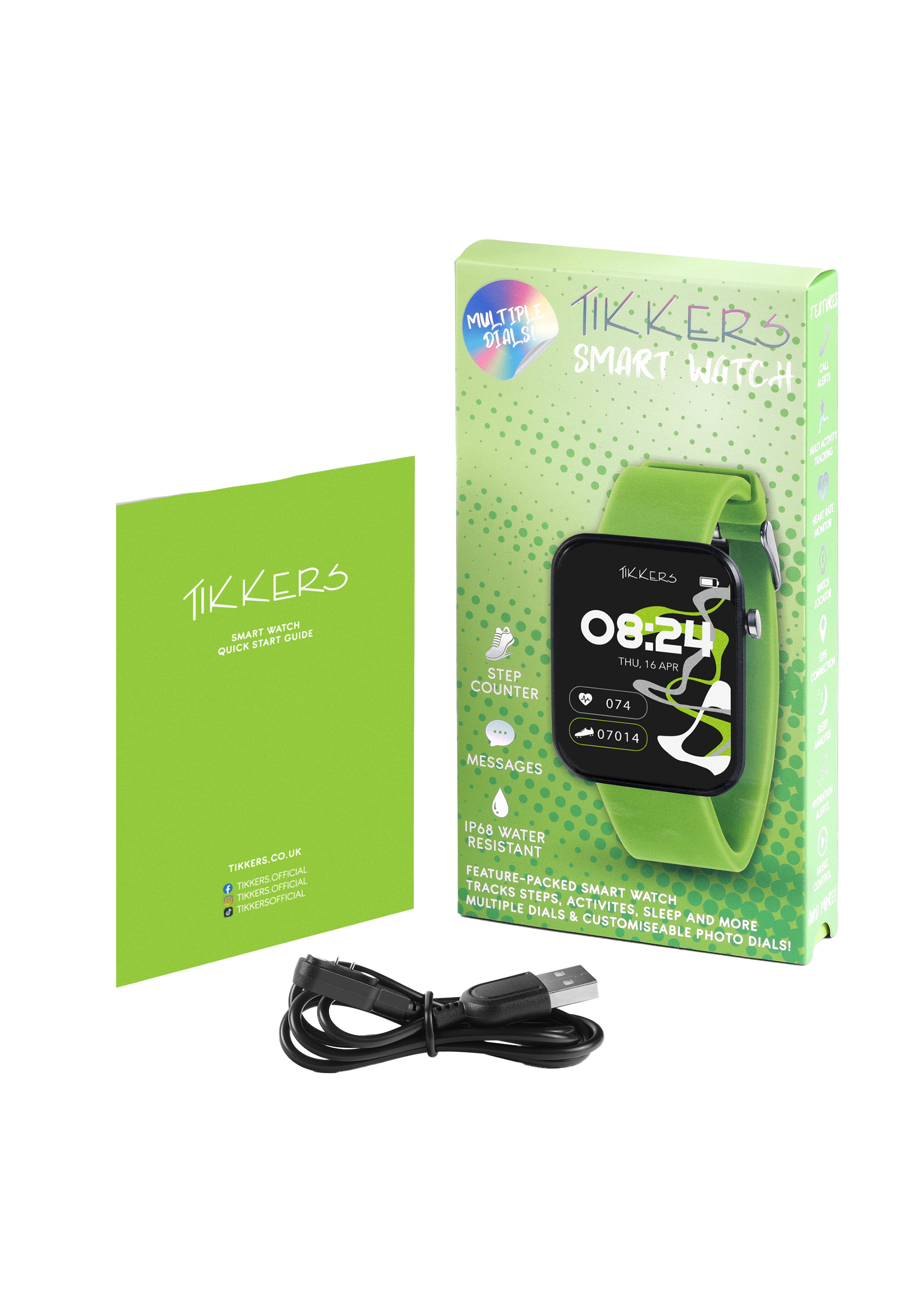 Smartwatch avec bracelet vert dans une boîte. Comprend un chargeur et un guide de démarrage rapide.