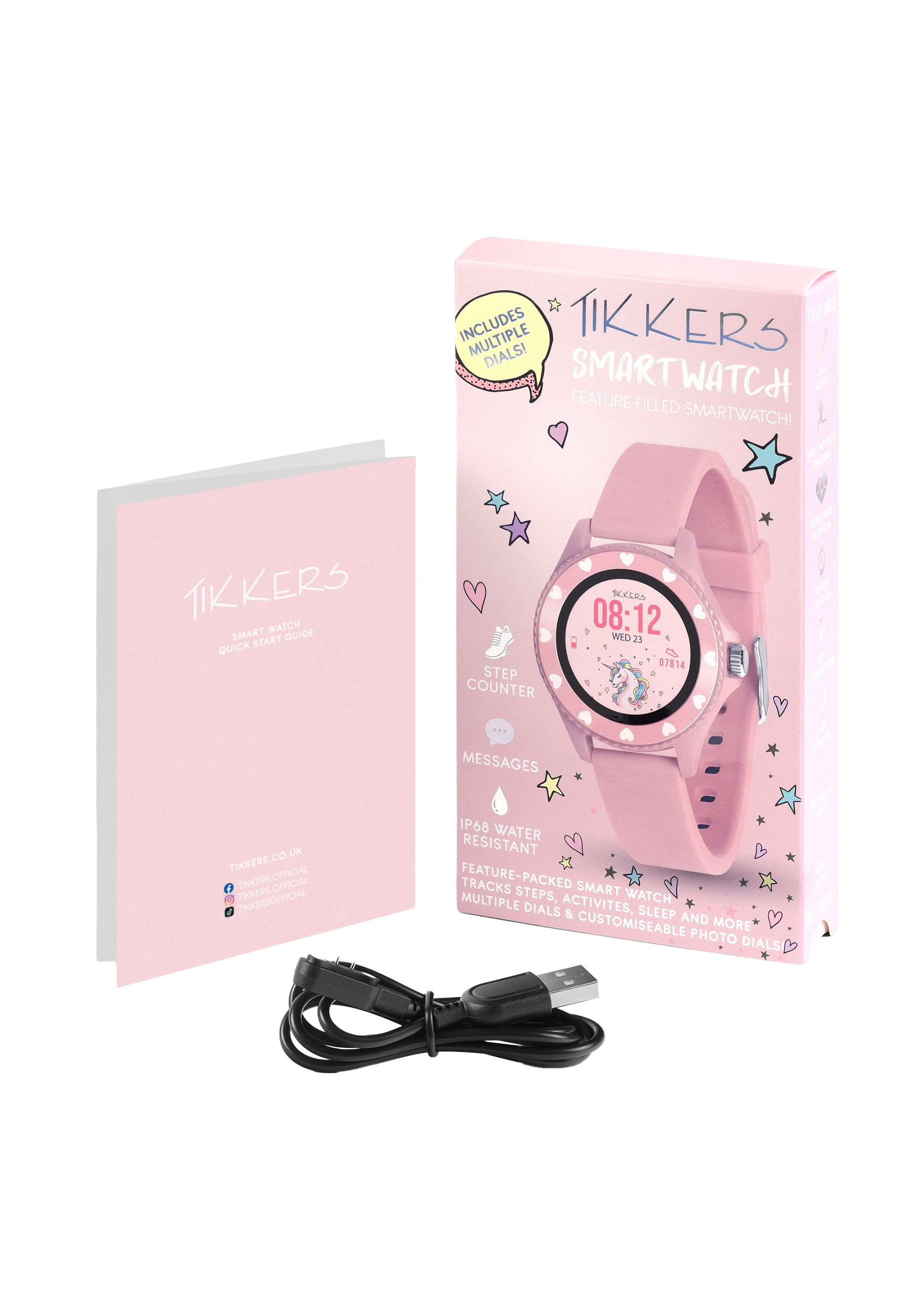 Une smartwatch rose Tikkers avec un câble de chargement et un guide de démarrage, sur fond blanc.