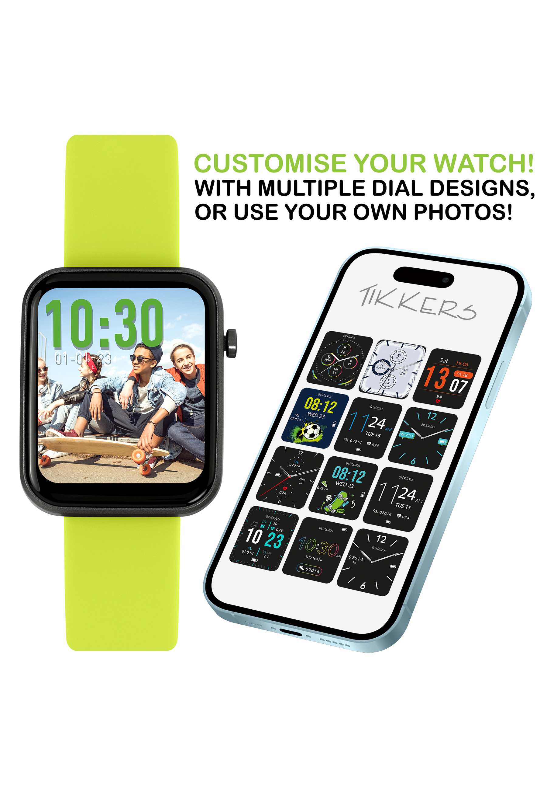 Montre connectée avec cadrans personnalisés à côté d'un téléphone affichant plusieurs cadrans.