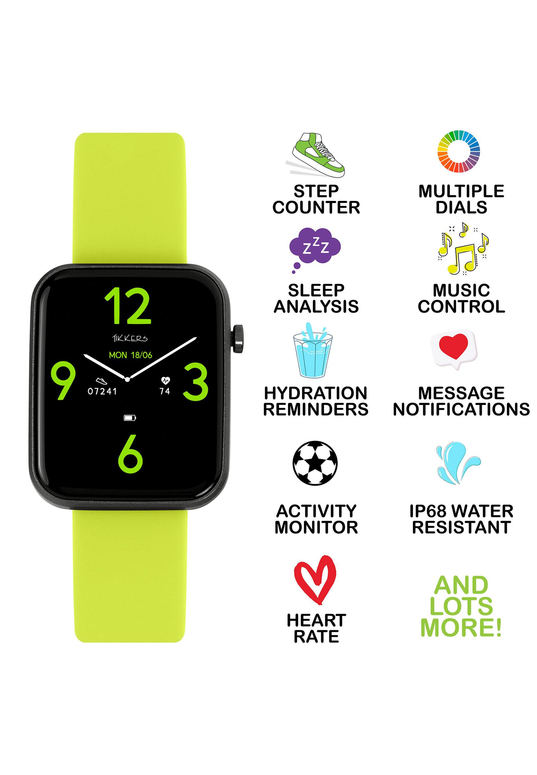Smartwatch avec bracelet vert, affichant des icônes de suivi de la santé.