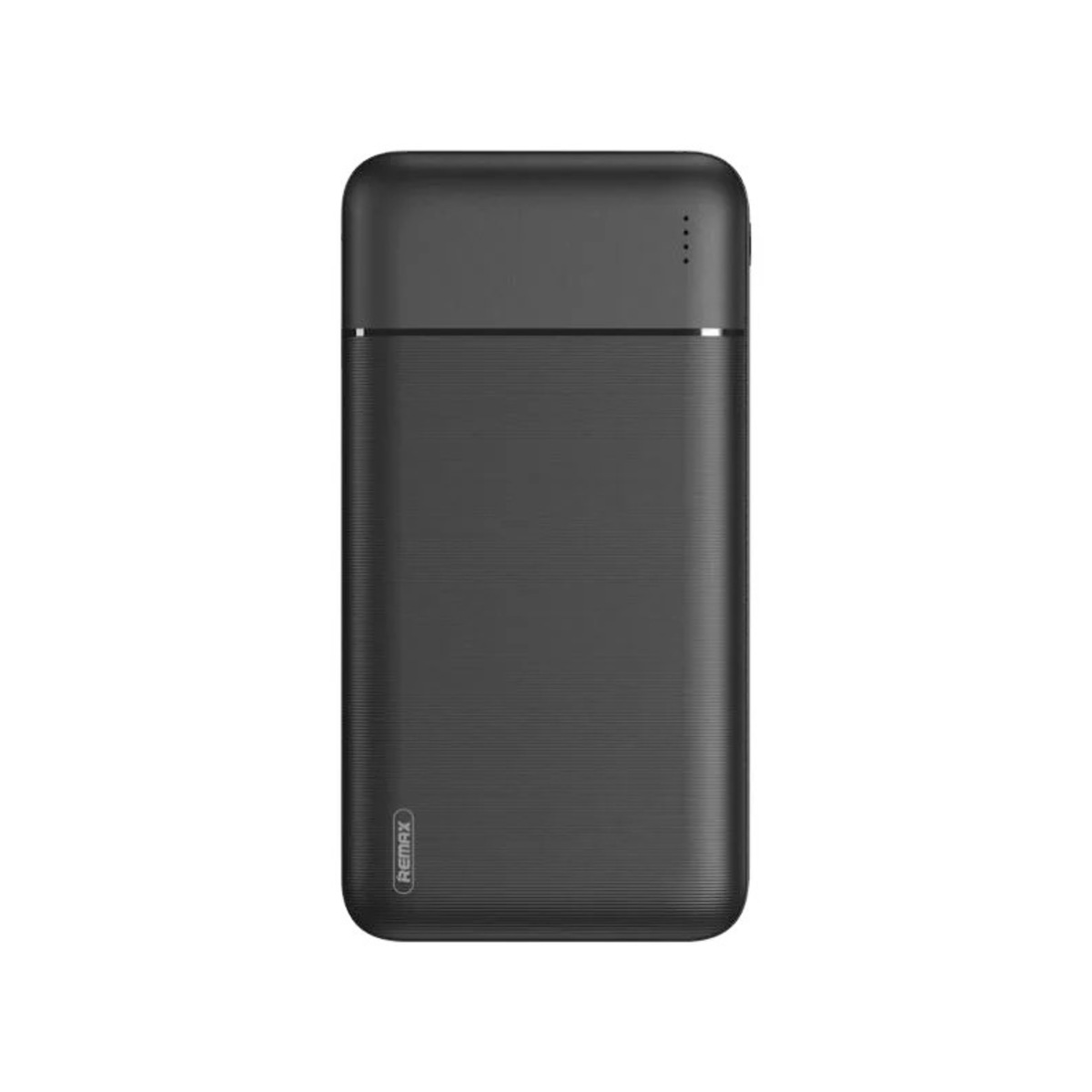 Schwarze Powerbank mit mattem Finish und Remax-Logo.