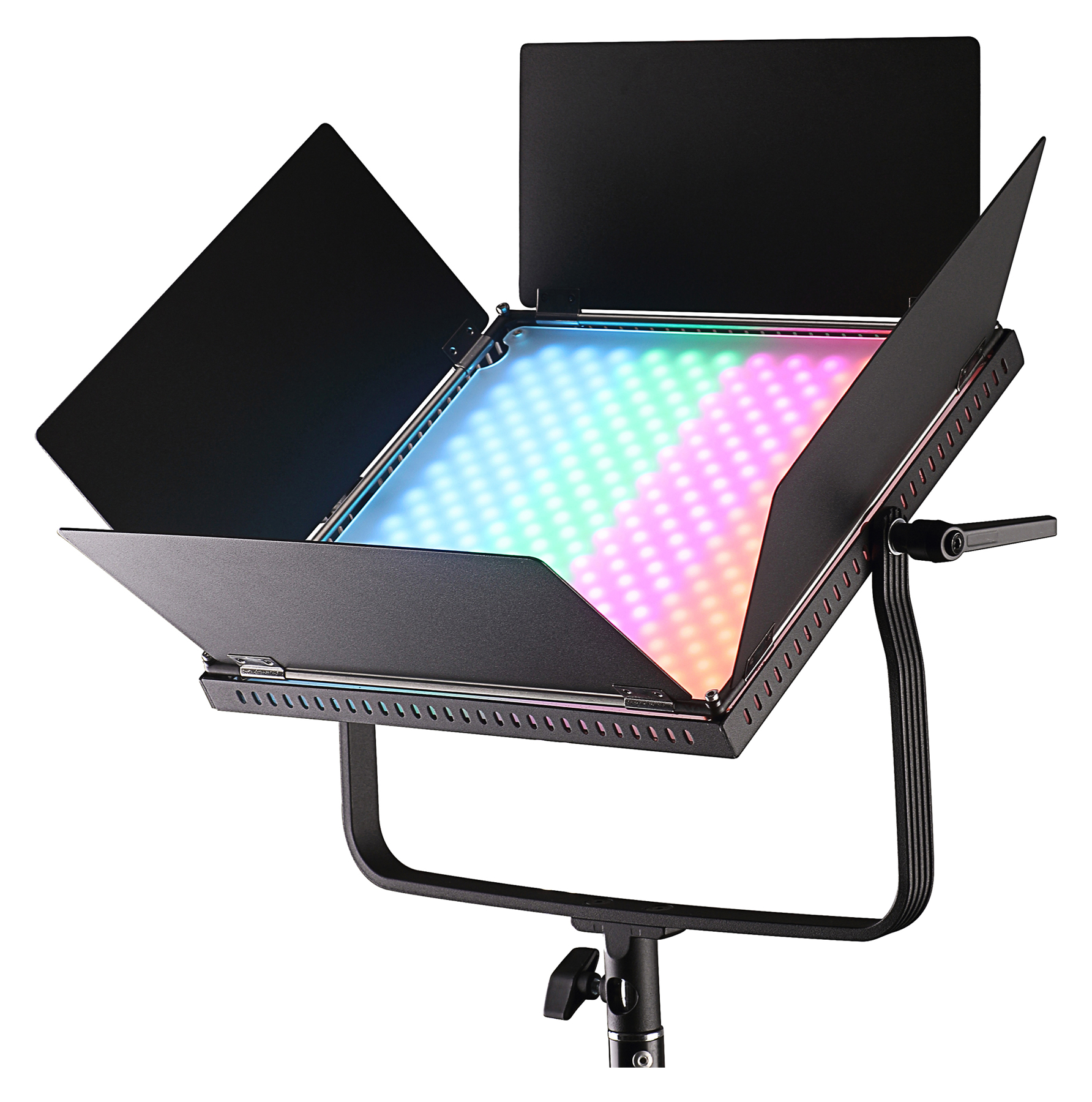 LED-Panel mit verstellbaren schwarzen Klappen, das farbenfrohe Lichter zeigt. Ein Ständer stützt es.