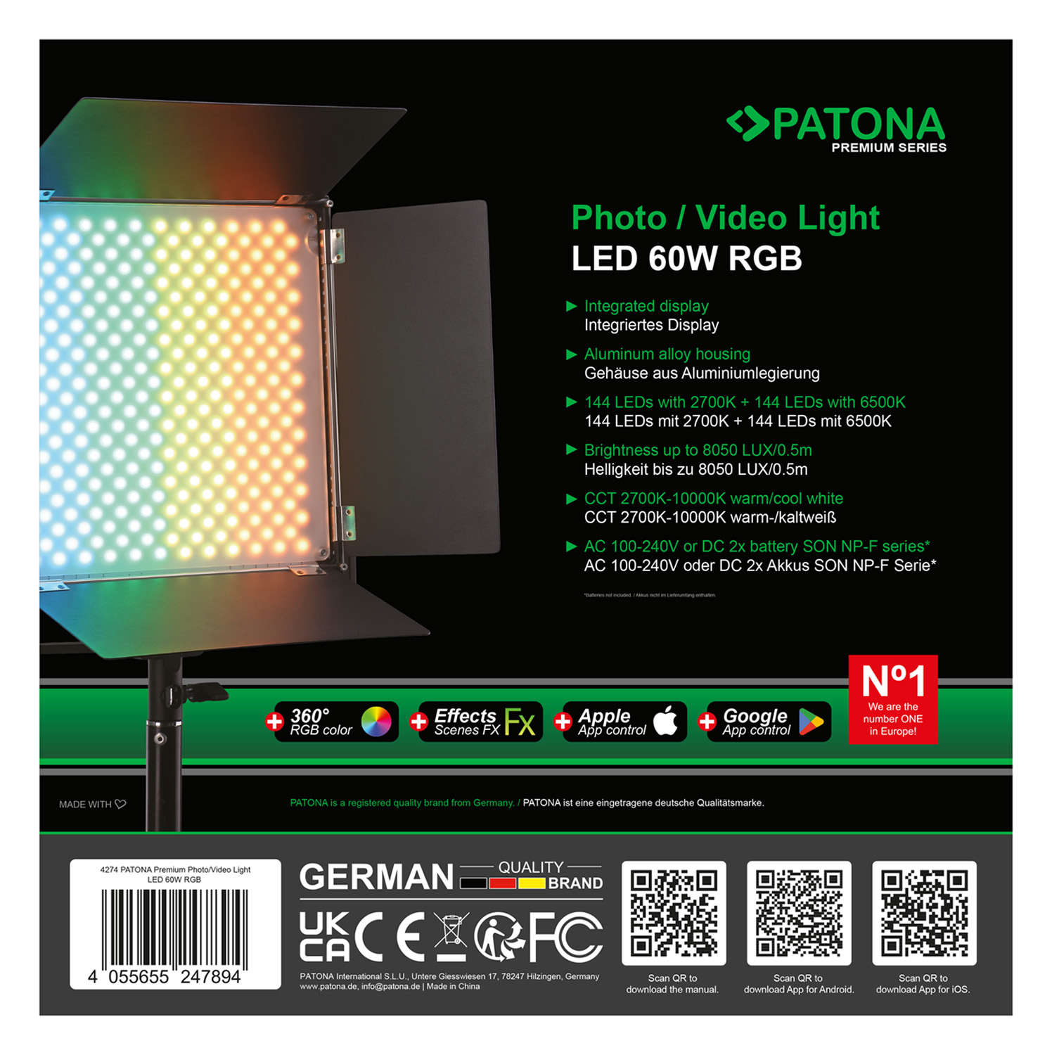 Eine Produktbox für ein Foto-/Video-LED-Licht. Sie hat eine farbenfrohe Lichtanzeige und technische Details.