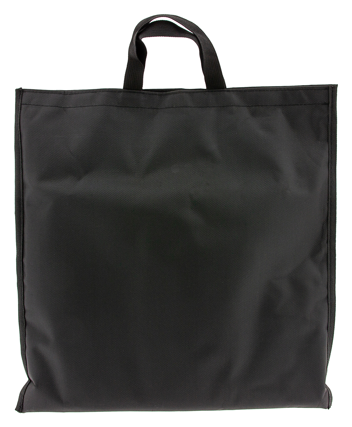 Schwarze Tragetasche mit Griffen. Die Tasche ist leer und hat eine einfache, rechteckige Form. Weißer Hintergrund.