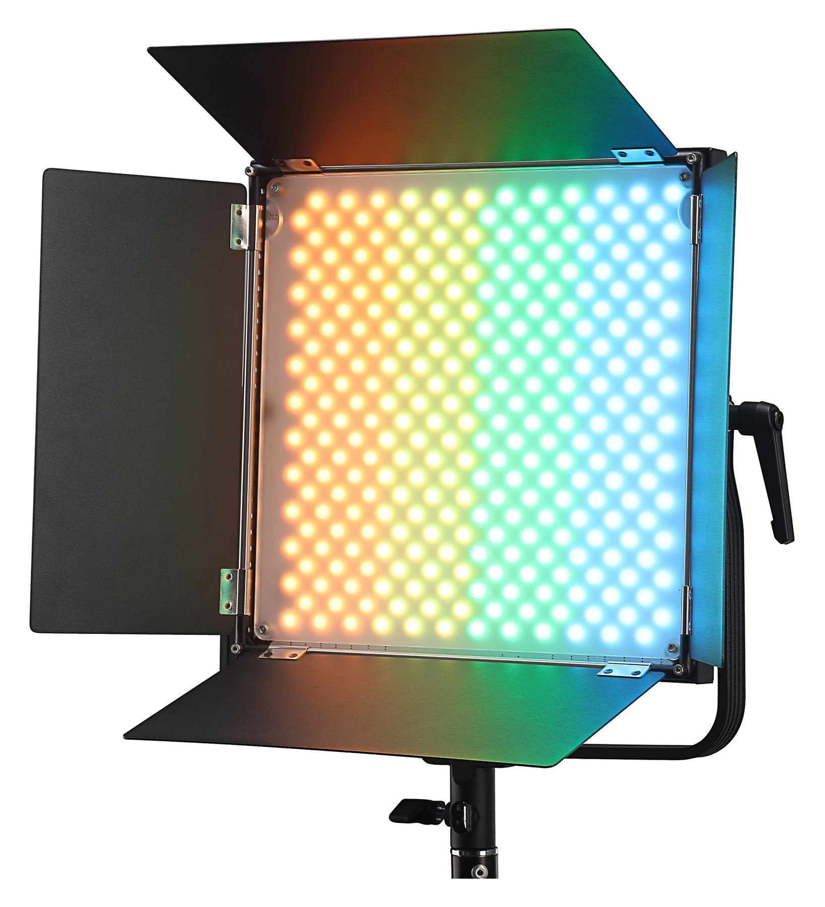 Professionelle LED-Studioleuchte mit Farbverlauf, schwarzen Klappen, und Stativ.